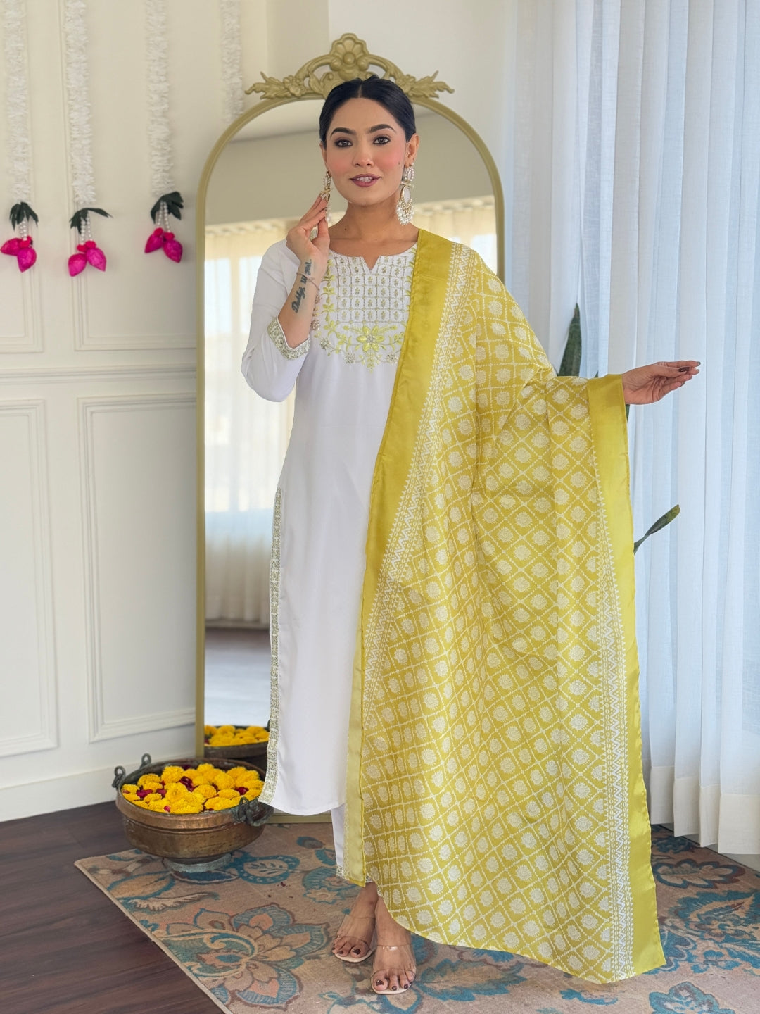 Women's White Viscose Embroidered Straight Kurta with Viscose Pant And Taby Printed Dupatta Sets