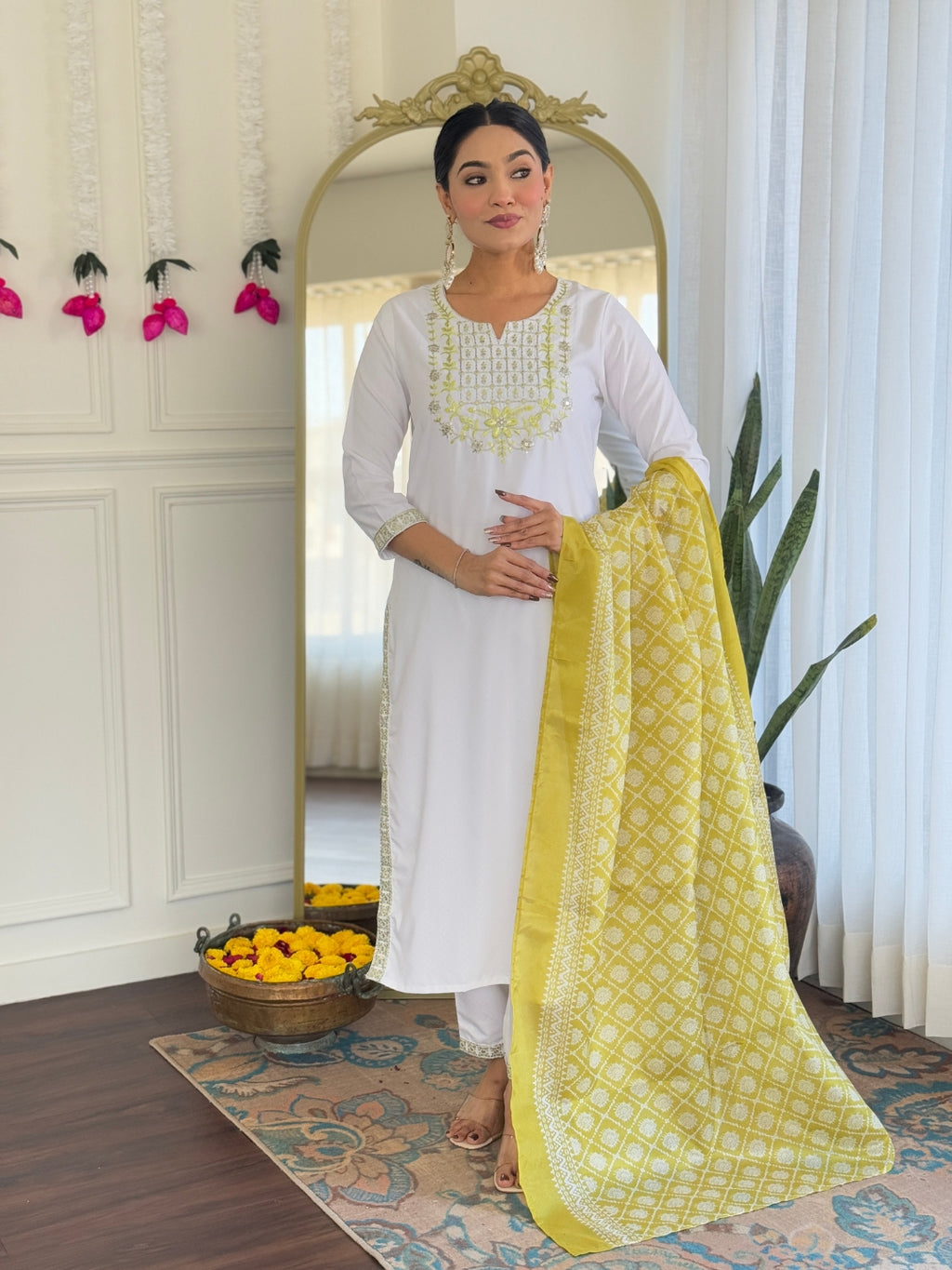 Women's White Viscose Embroidered Straight Kurta with Viscose Pant And Taby Printed Dupatta Sets
