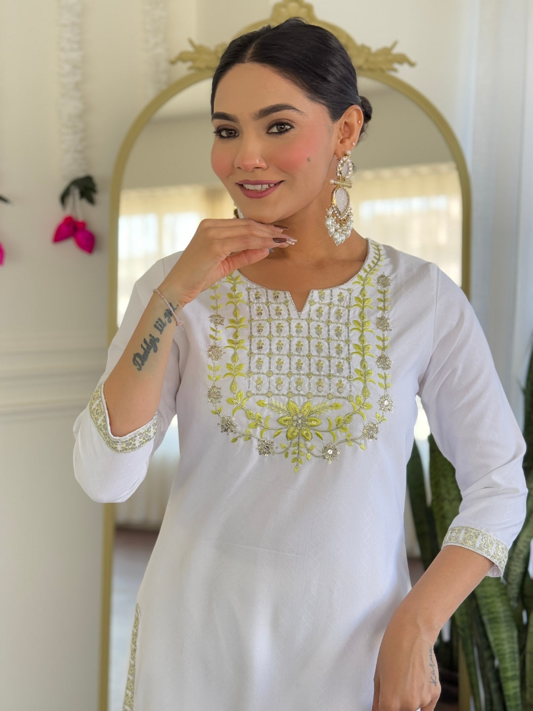 Women's White Viscose Embroidered Straight Kurta with Viscose Pant And Taby Printed Dupatta Sets