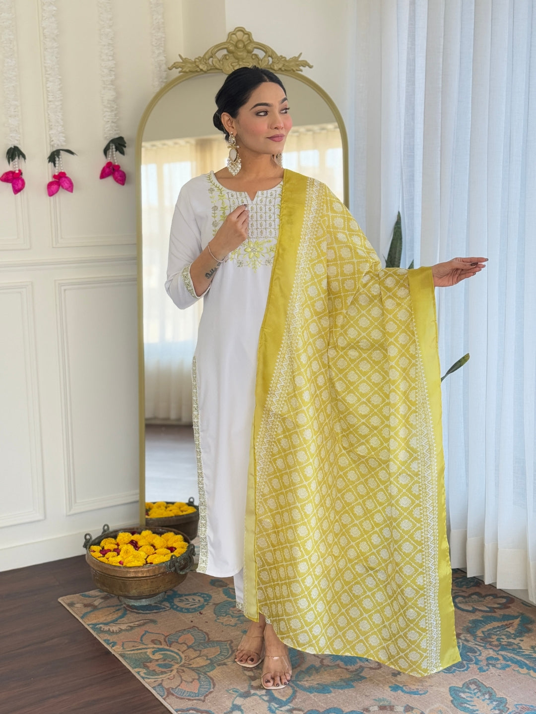 Women's White Viscose Embroidered Straight Kurta with Viscose Pant And Taby Printed Dupatta Sets