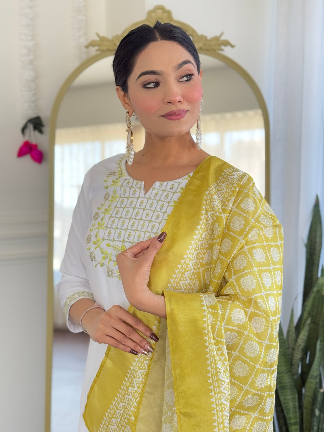 Women's White Viscose Embroidered Straight Kurta with Viscose Pant And Taby Printed Dupatta Sets