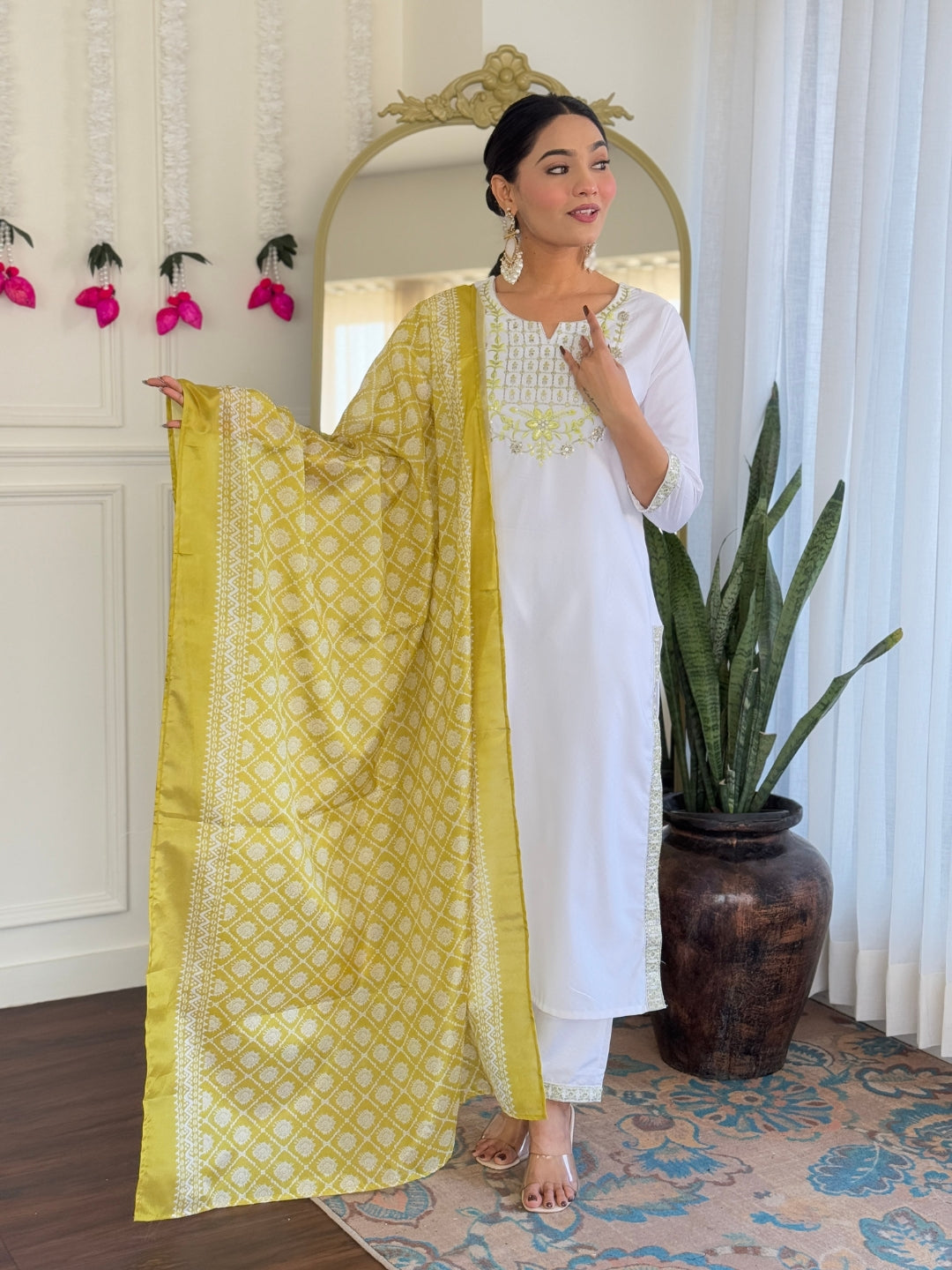 Women's White Viscose Embroidered Straight Kurta with Viscose Pant And Taby Printed Dupatta Sets