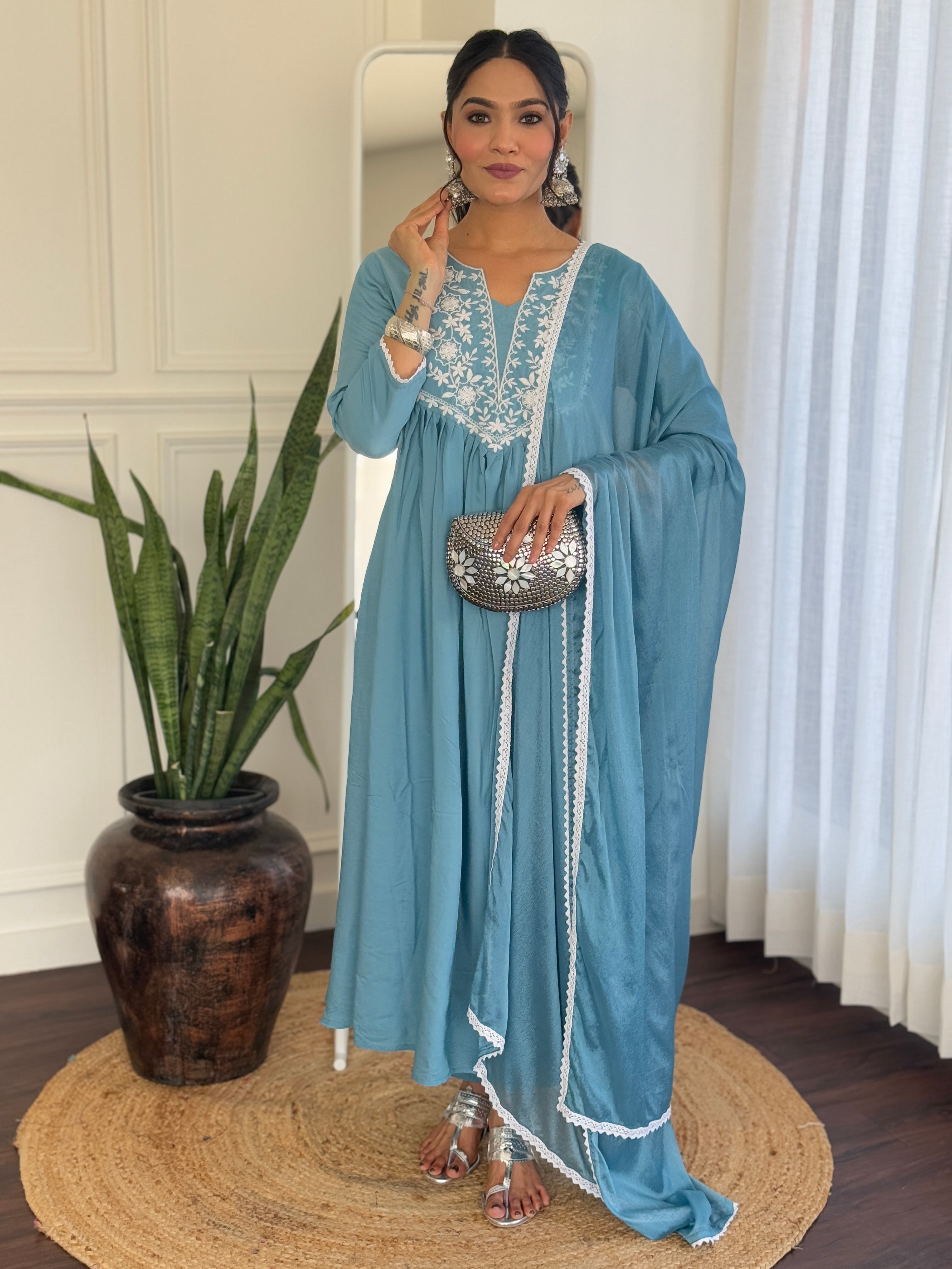 Women's Firoji BSY Viscose Embroidered Flared Kurta with BSY Viscose Pant And Chinon Laced Dupatta Sets