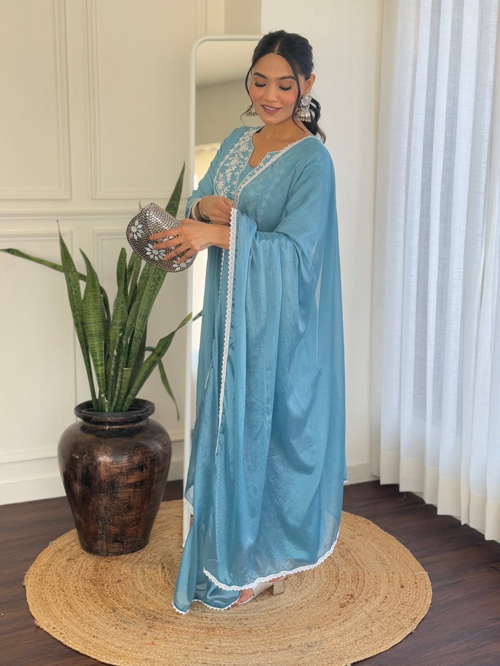 Women's Firoji BSY Viscose Embroidered Flared Kurta with BSY Viscose Pant And Chinon Laced Dupatta Sets