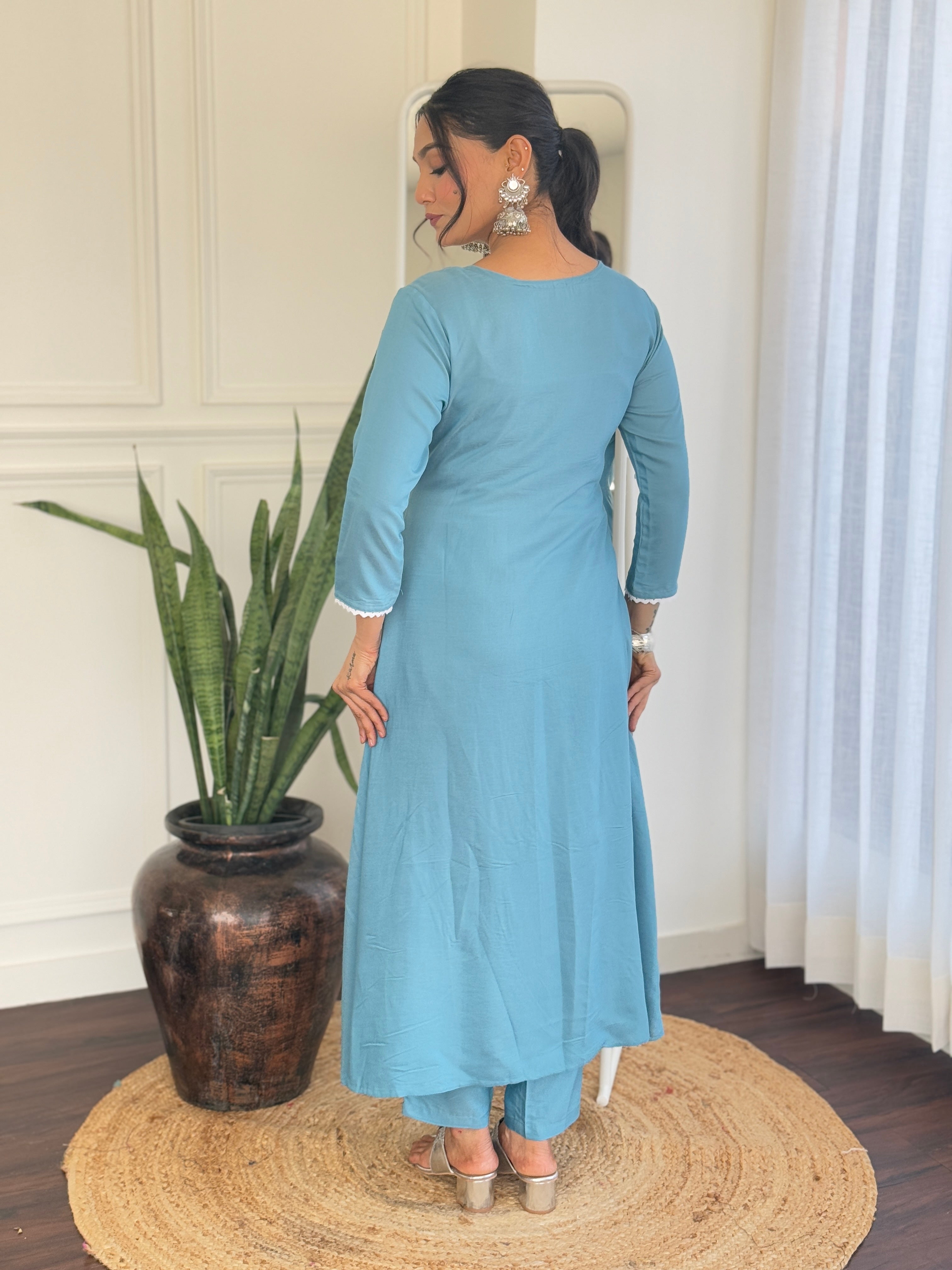 Women's Firoji BSY Viscose Embroidered Flared Kurta with BSY Viscose Pant And Chinon Laced Dupatta Sets