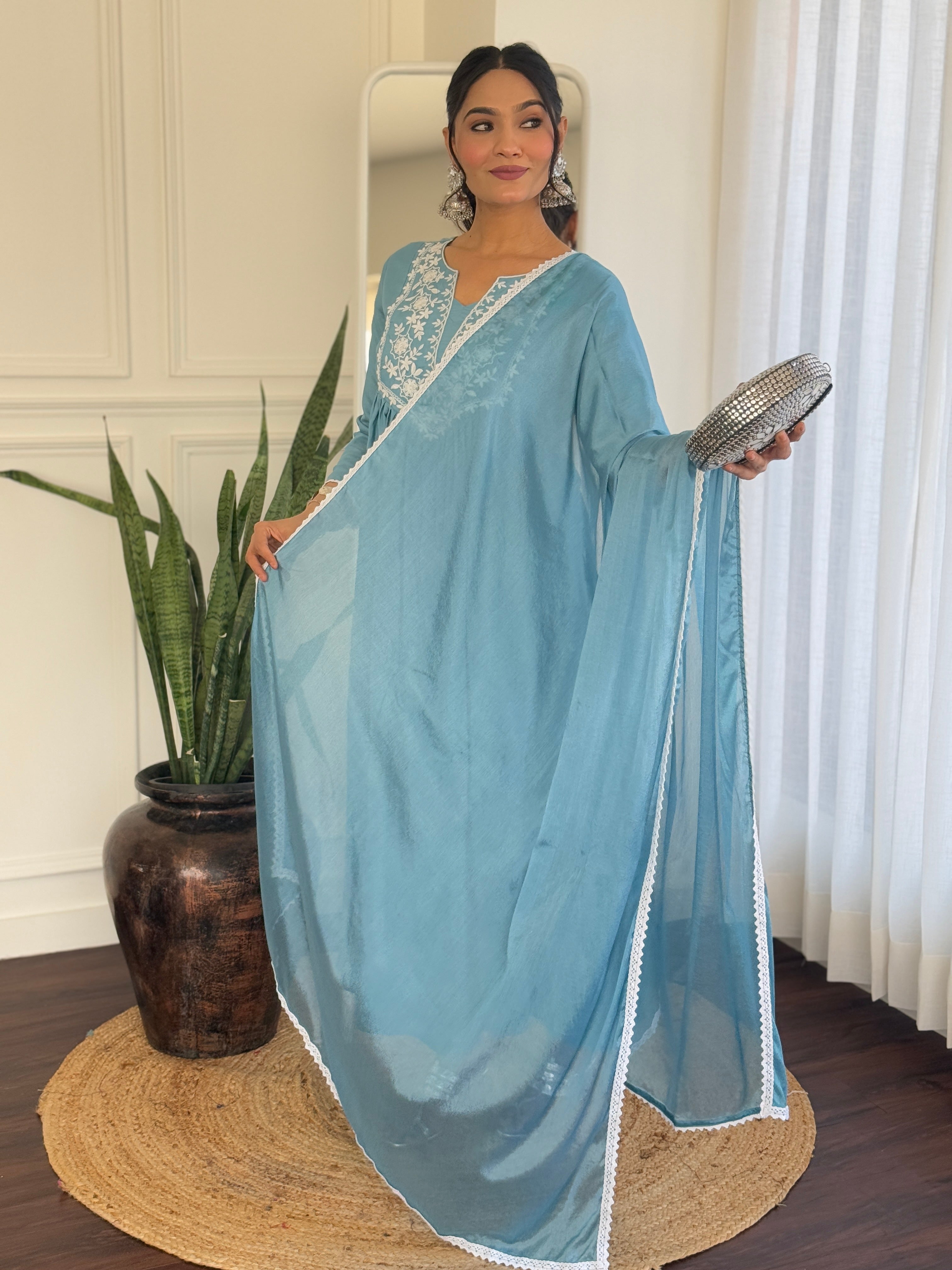 Women's Firoji BSY Viscose Embroidered Flared Kurta with BSY Viscose Pant And Chinon Laced Dupatta Sets