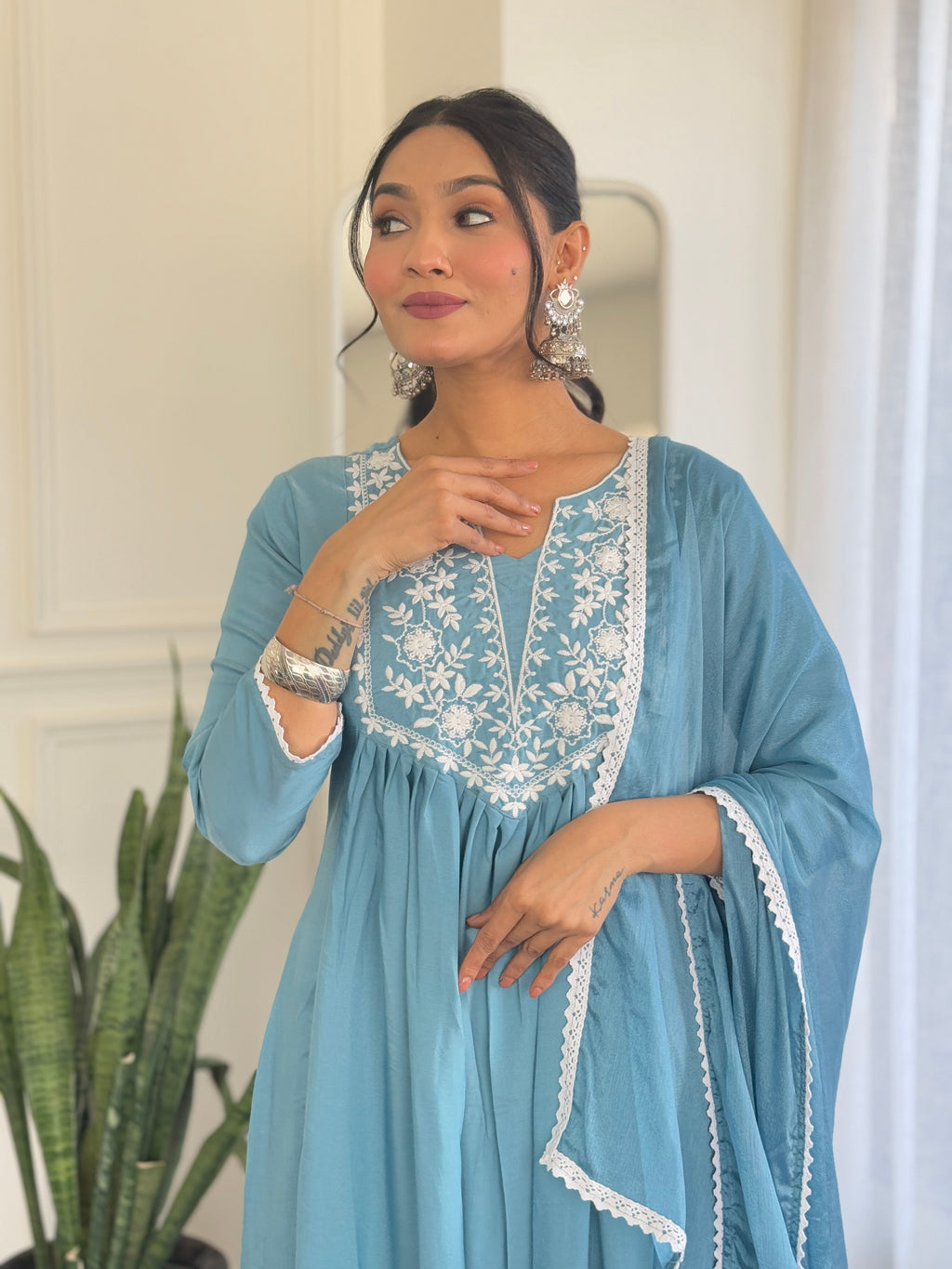 Women's Firoji BSY Viscose Embroidered Flared Kurta with BSY Viscose Pant And Chinon Laced Dupatta Sets