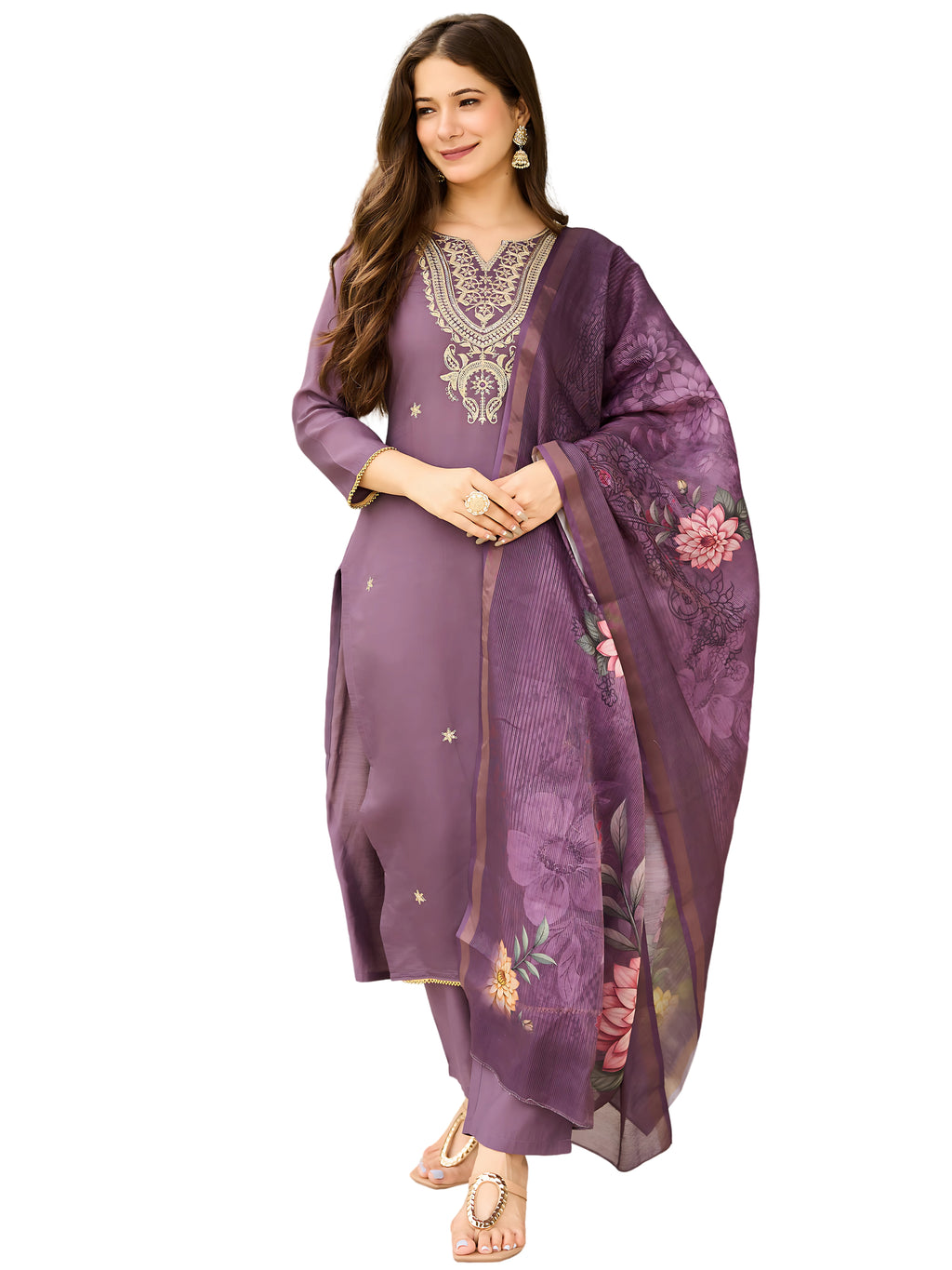 Women's Purple Viscose Embroidered Straight Kurta with Viscose Pant And Jacquard Printed Dupatta Sets