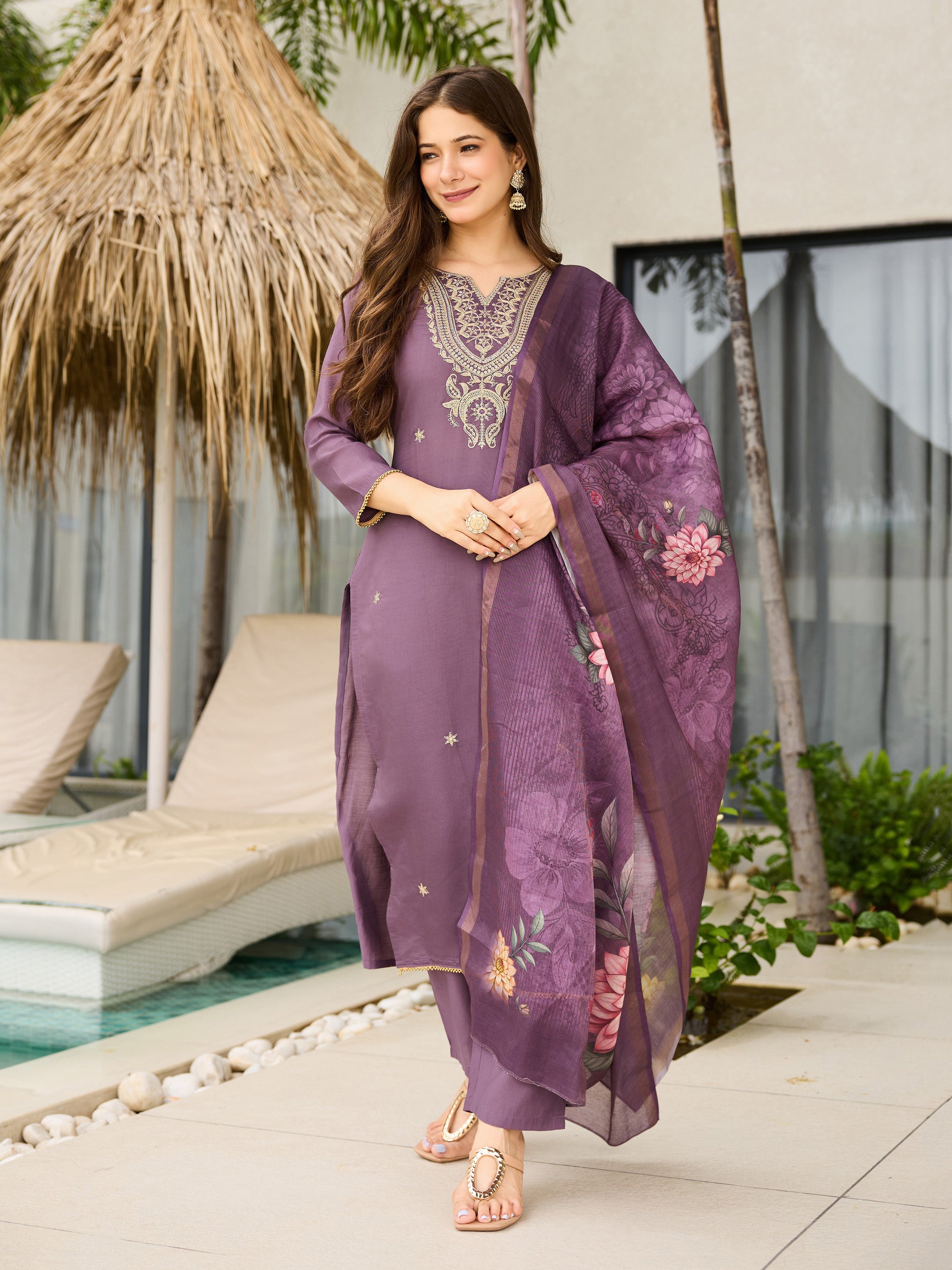 Women's Purple Viscose Embroidered Straight Kurta with Viscose Pant And Jacquard Printed Dupatta Sets
