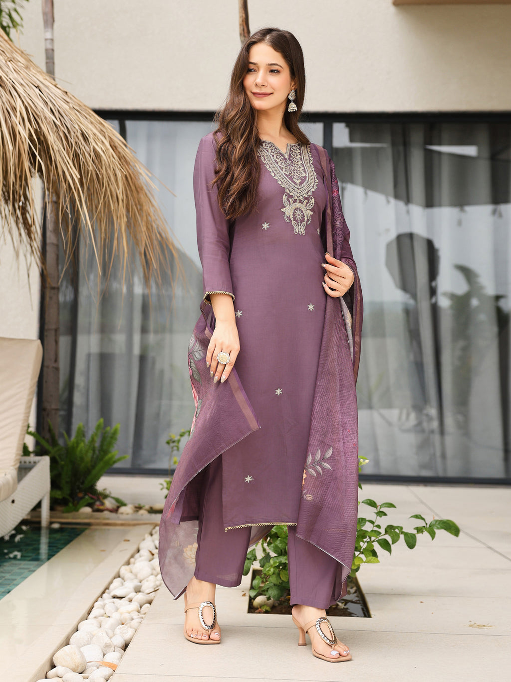 Women's Purple Viscose Embroidered Straight Kurta with Viscose Pant And Jacquard Printed Dupatta Sets