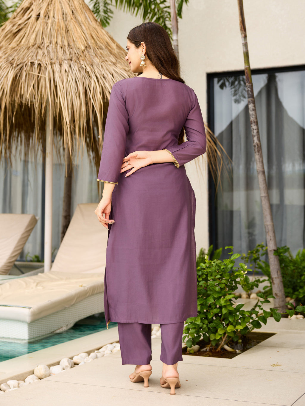 Women's Purple Viscose Embroidered Straight Kurta with Viscose Pant And Jacquard Printed Dupatta Sets