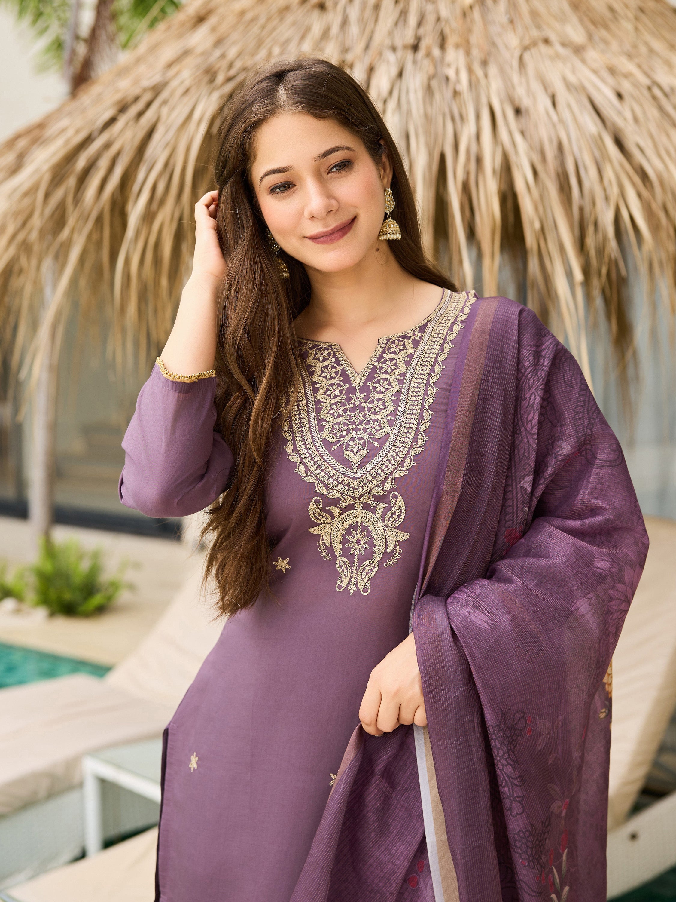 Women's Purple Viscose Embroidered Straight Kurta with Viscose Pant And Jacquard Printed Dupatta Sets