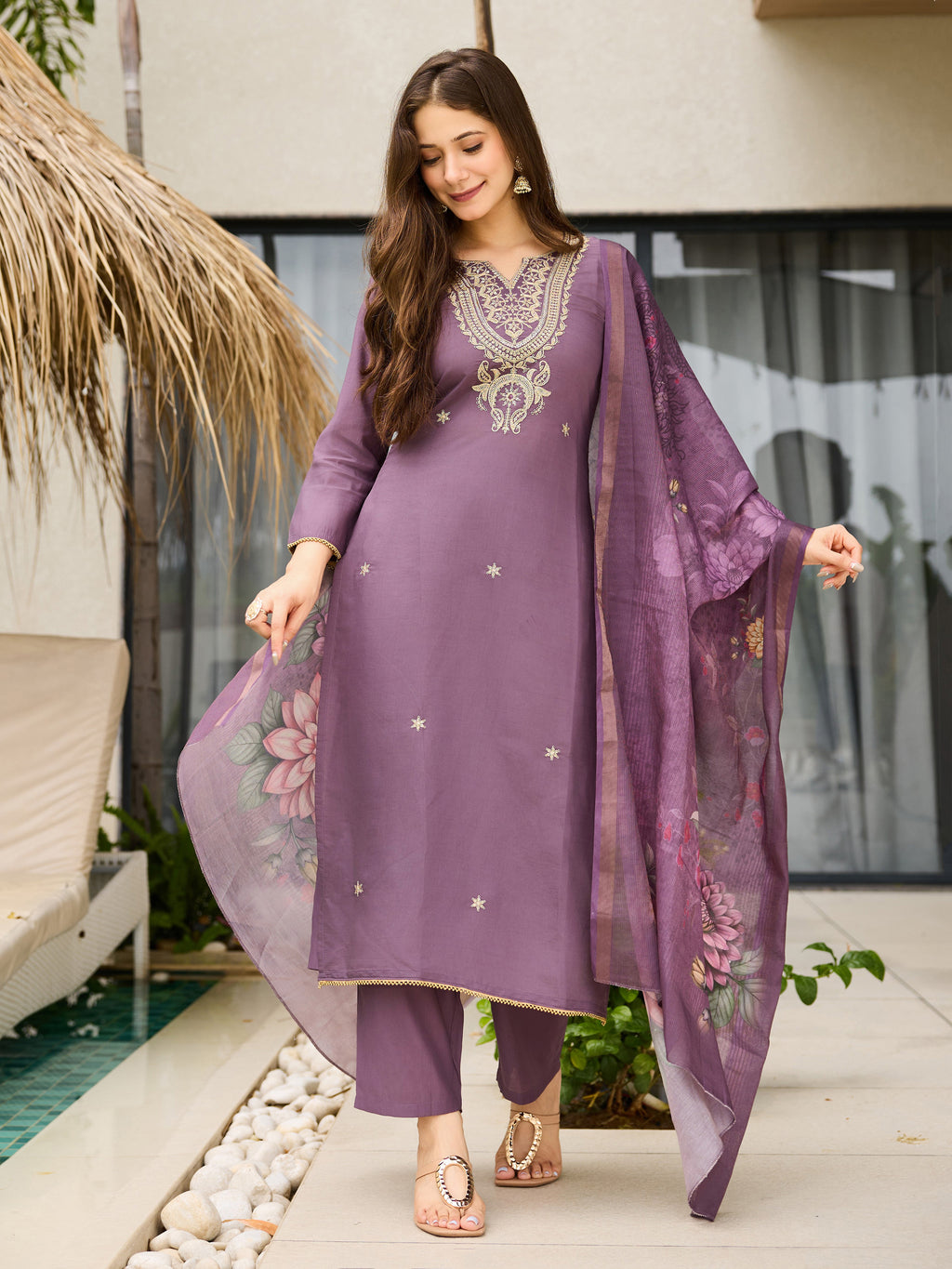 Women's Purple Viscose Embroidered Straight Kurta with Viscose Pant And Jacquard Printed Dupatta Sets