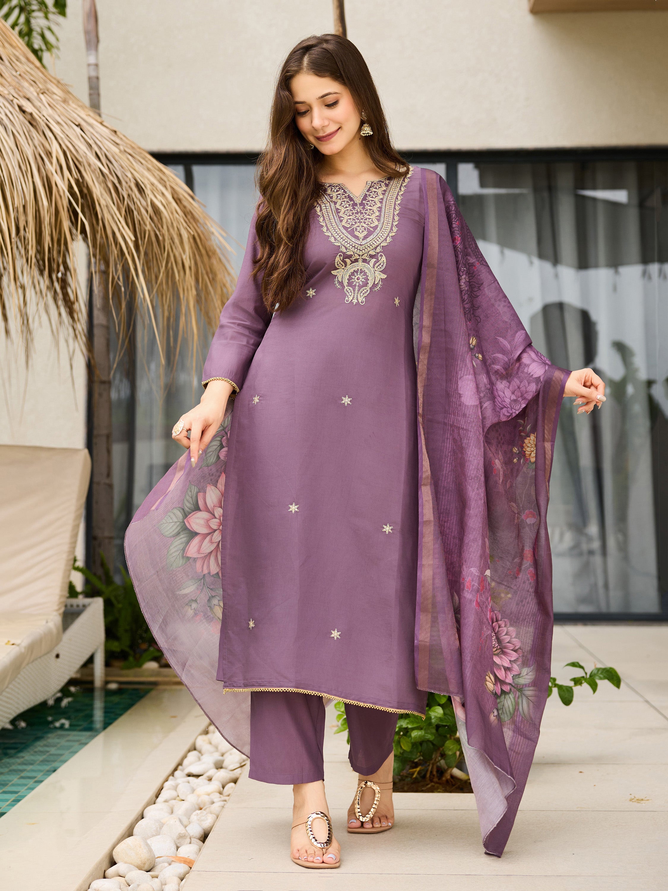 Women's Purple Viscose Embroidered Straight Kurta with Viscose Pant And Jacquard Printed Dupatta Sets