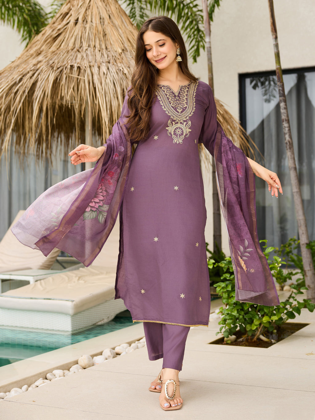 Women's Purple Viscose Embroidered Straight Kurta with Viscose Pant And Jacquard Printed Dupatta Sets