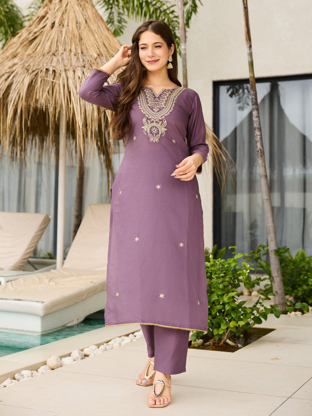 Women's Purple Viscose Embroidered Straight Kurta with Viscose Pant And Jacquard Printed Dupatta Sets