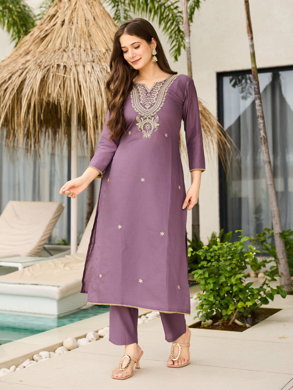 Women's Purple Viscose Embroidered Straight Kurta with Viscose Pant And Jacquard Printed Dupatta Sets