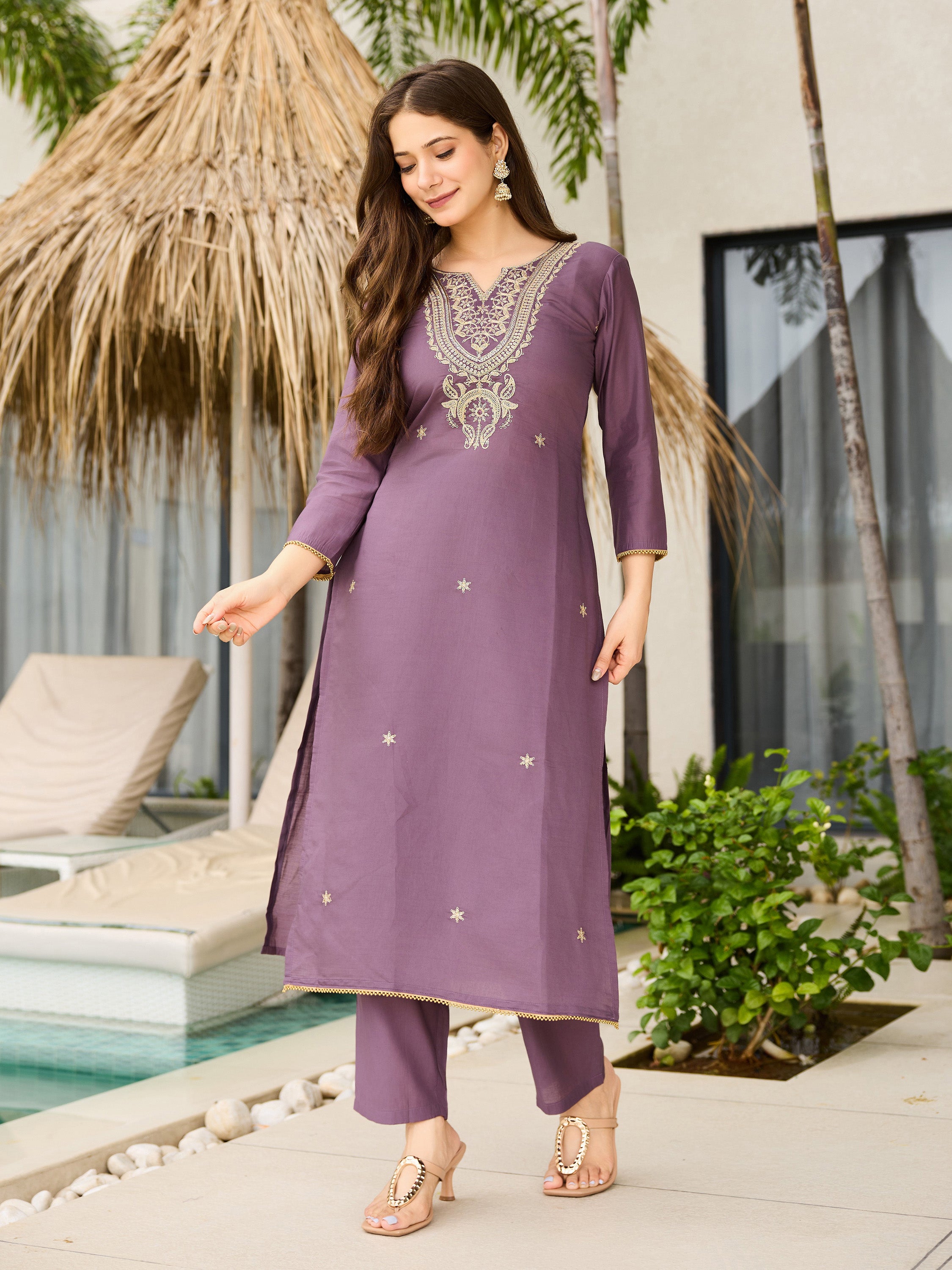 Women's Purple Viscose Embroidered Straight Kurta with Viscose Pant And Jacquard Printed Dupatta Sets