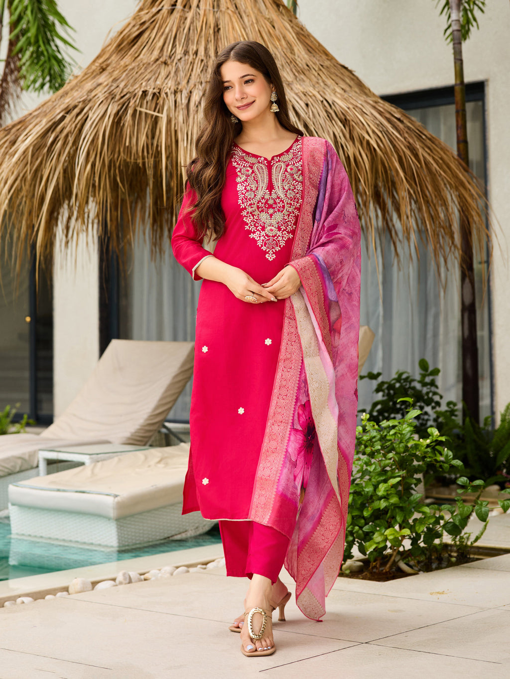 Women's Rani Viscose Embroidered Straight Kurta with Viscose Pant And Jacquard Printed Dupatta Sets