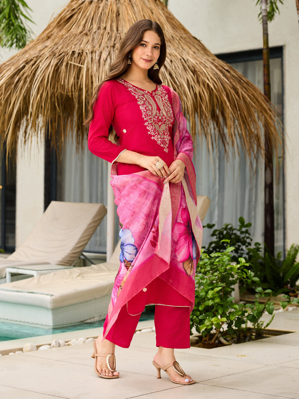 Women's Rani Viscose Embroidered Straight Kurta with Viscose Pant And Jacquard Printed Dupatta Sets