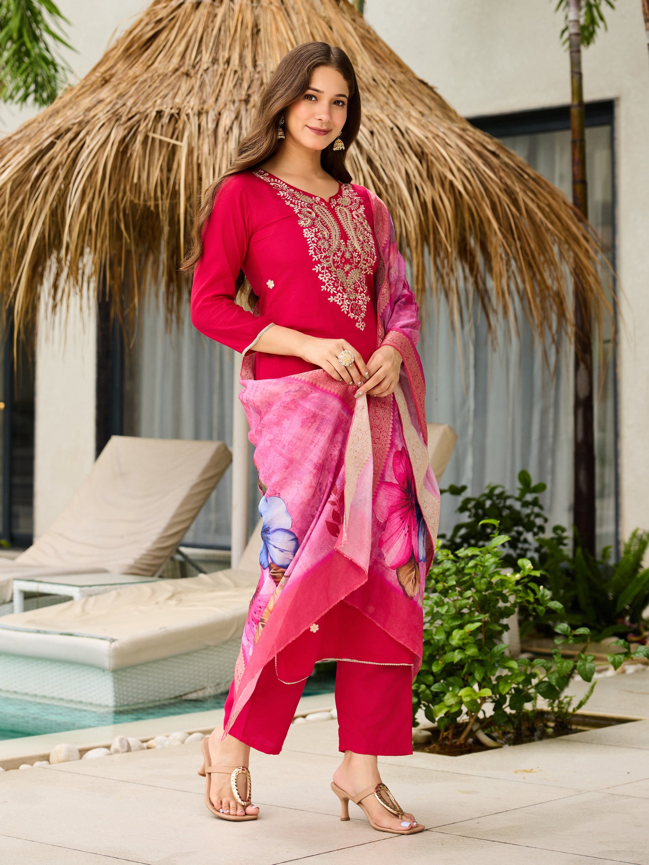 Women's Rani Viscose Embroidered Straight Kurta with Viscose Pant And Jacquard Printed Dupatta Sets