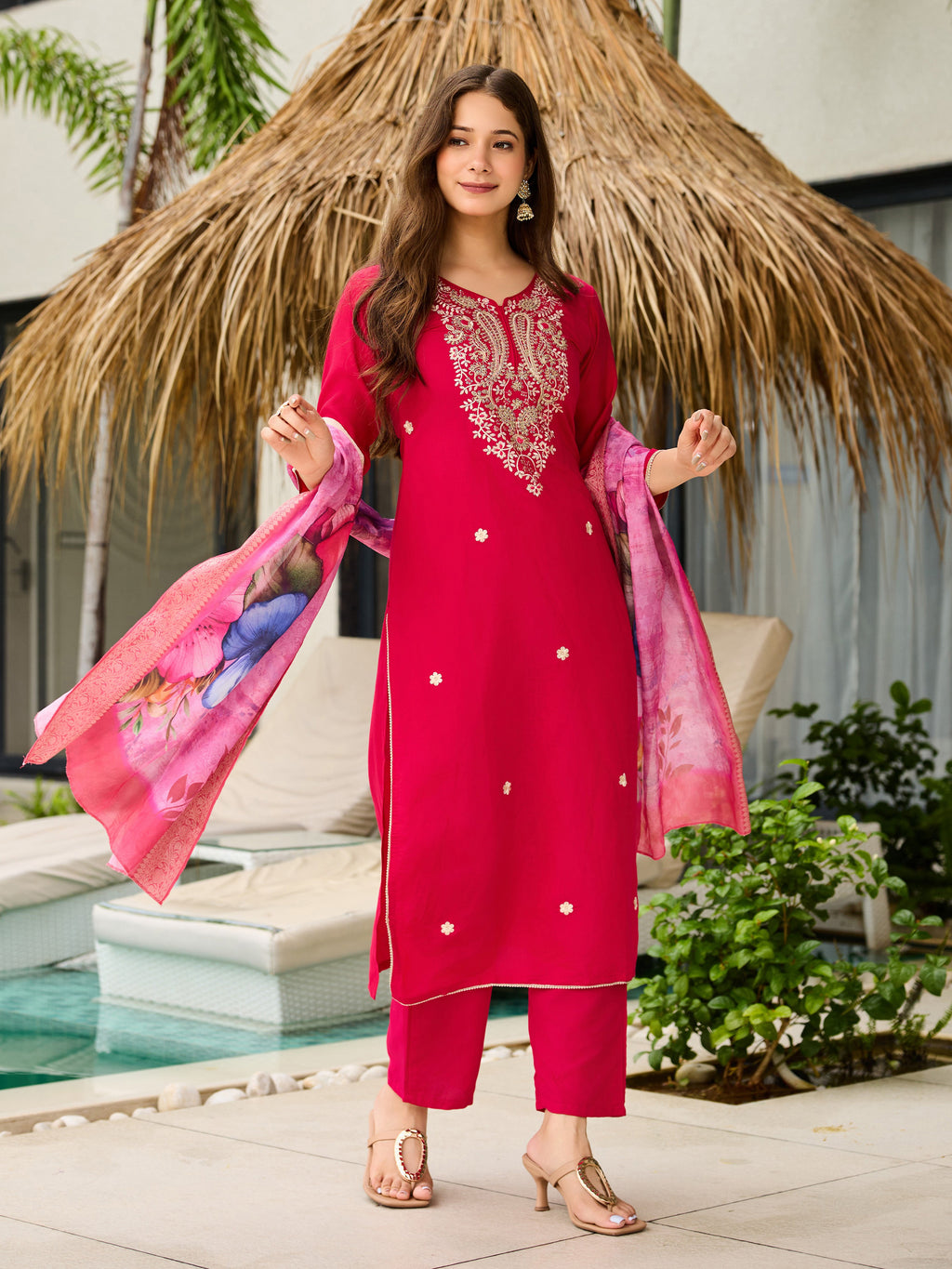Women's Rani Viscose Embroidered Straight Kurta with Viscose Pant And Jacquard Printed Dupatta Sets