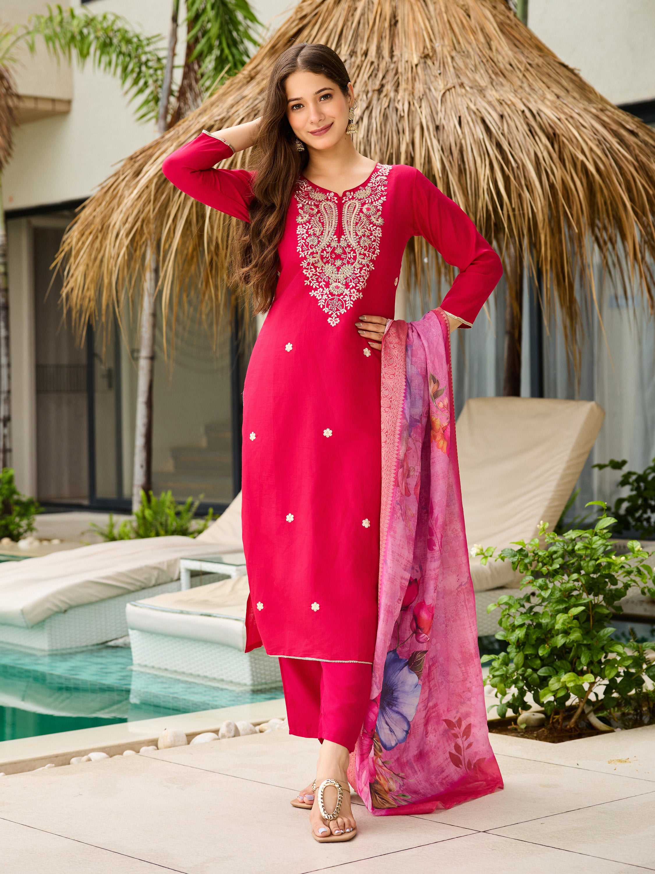 Women's Rani Viscose Embroidered Straight Kurta with Viscose Pant And Jacquard Printed Dupatta Sets