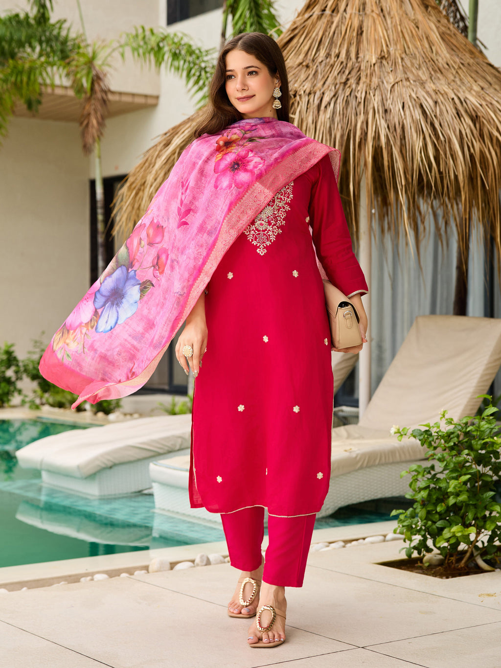 Women's Rani Viscose Embroidered Straight Kurta with Viscose Pant And Jacquard Printed Dupatta Sets
