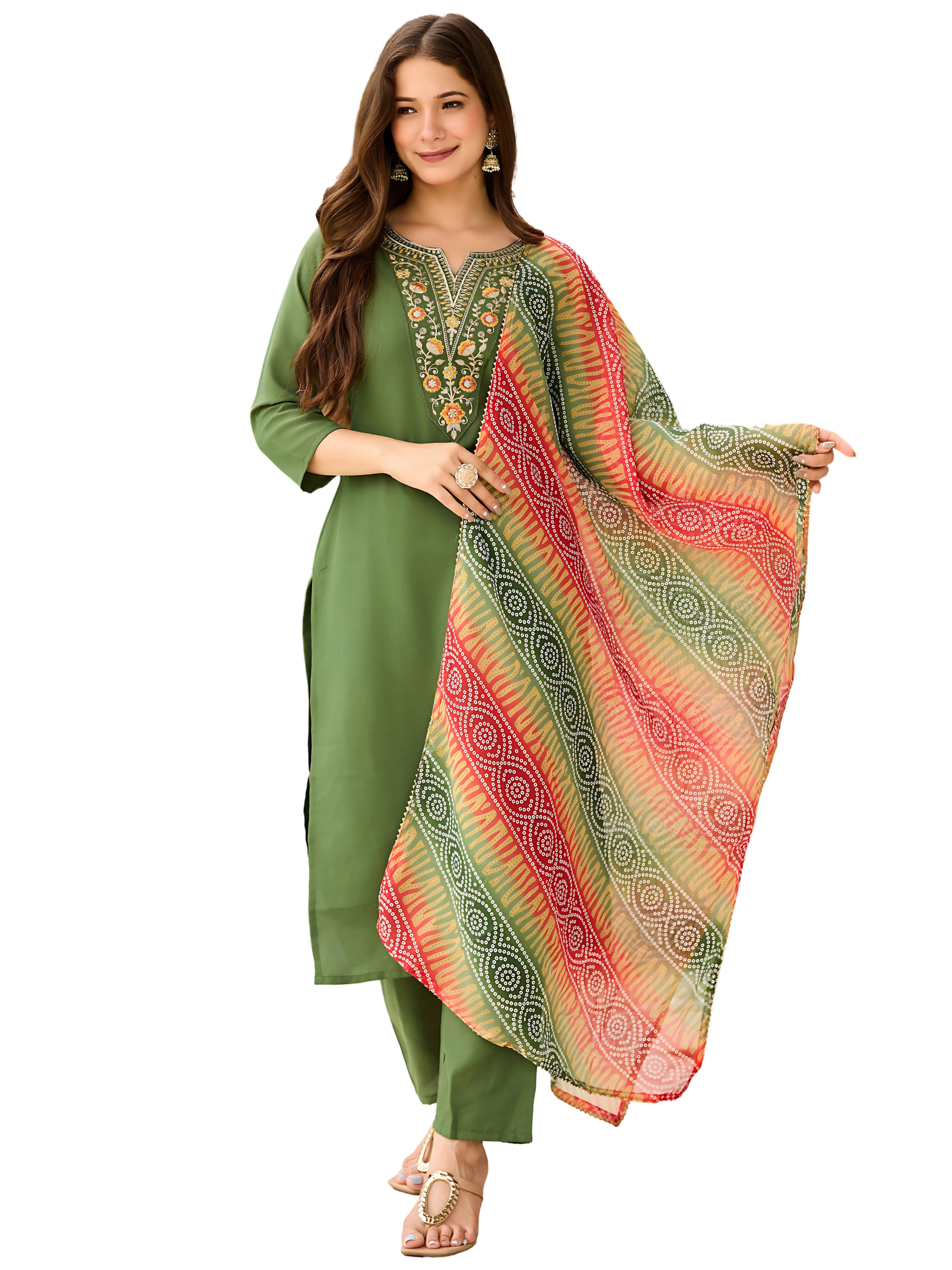 Women's Rayon Embroidered Straight Kurta with Pant And Dupatta Sets