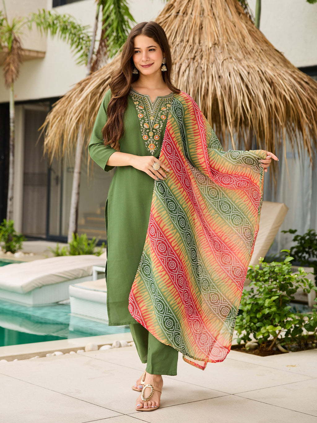 Women's Rayon Embroidered Straight Kurta with Pant And Dupatta Sets