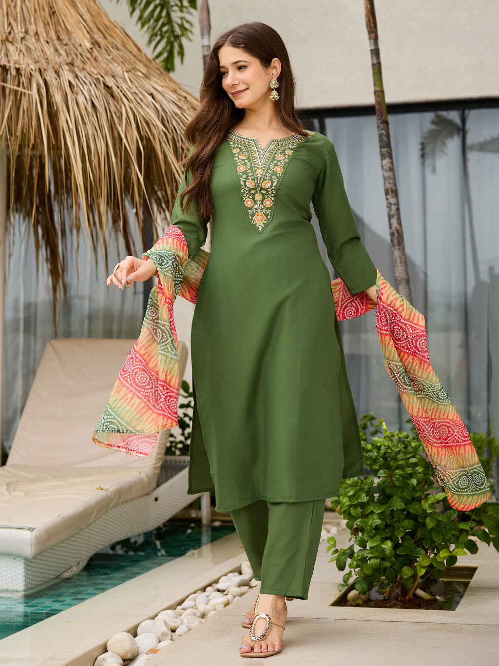 Women's Rayon Embroidered Straight Kurta with Pant And Dupatta Sets
