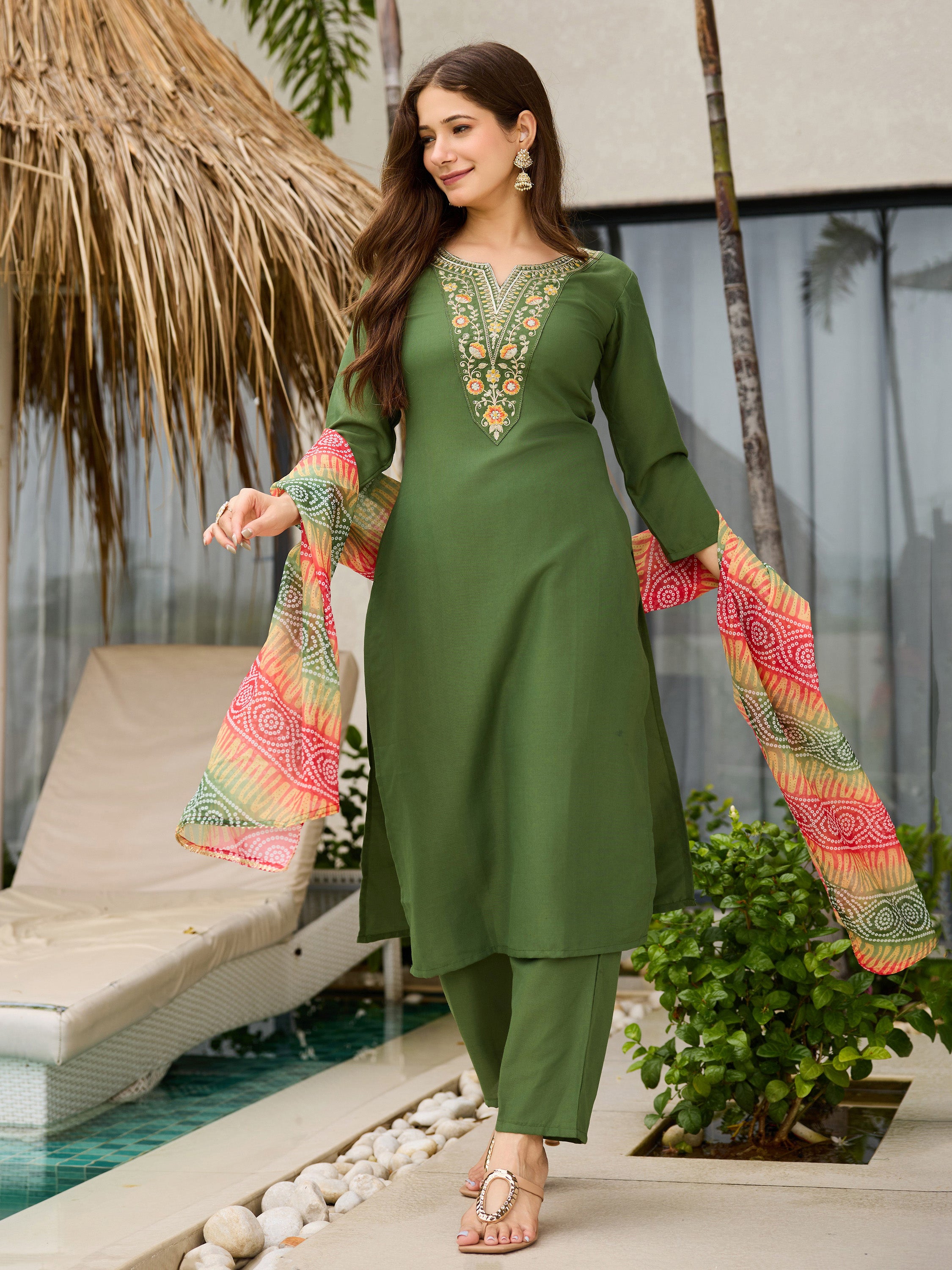 Women's Rayon Embroidered Straight Kurta with Pant And Dupatta Sets