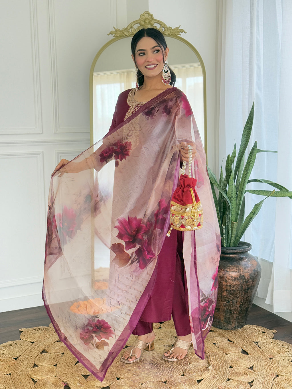 Women's Maroon Rayon Embroidered Straight Kurta with Rayon Pant And Taby Printed Dupatta Sets