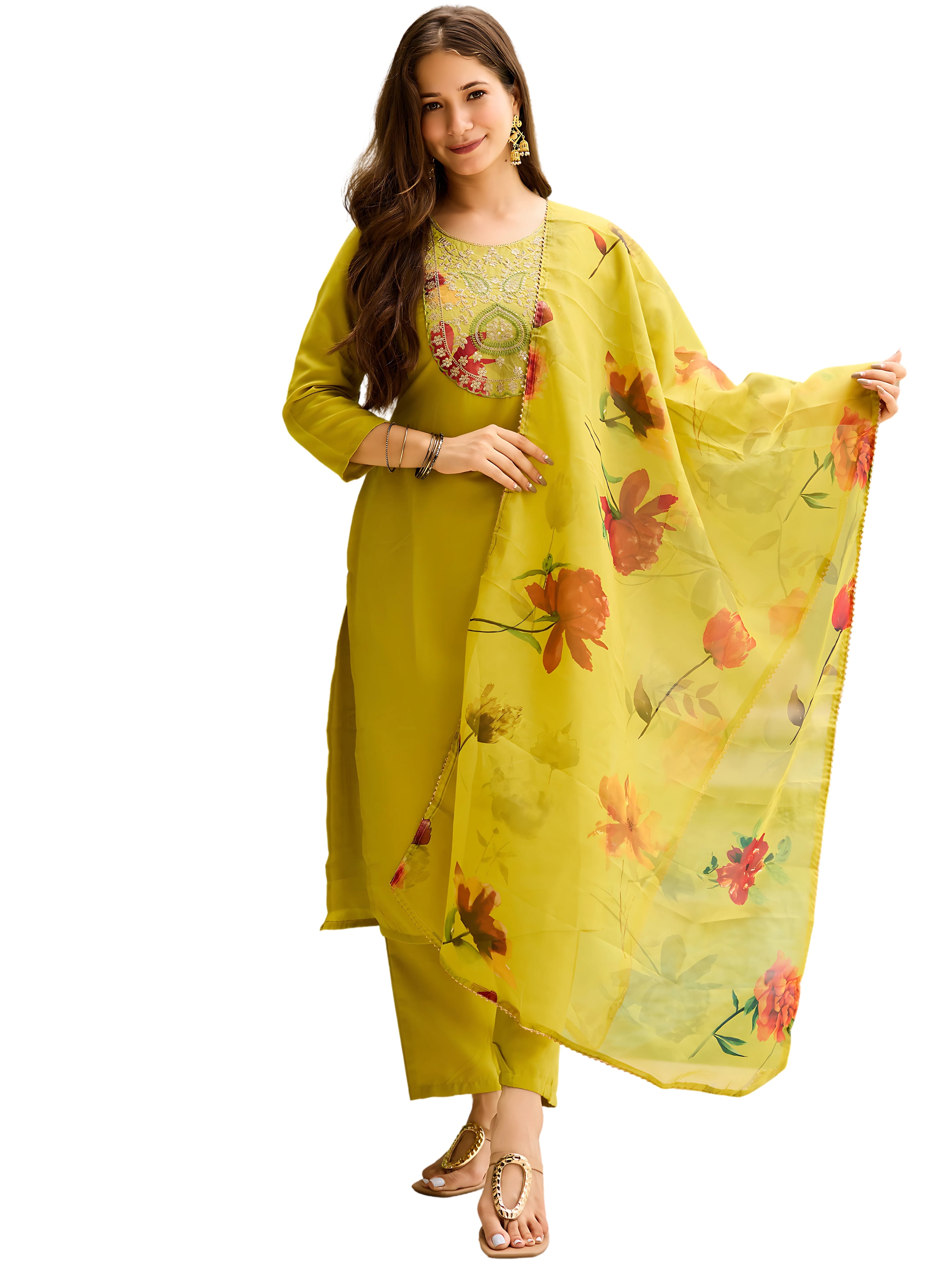 Women's Rayon Embroidered Straight Kurta with Pant And Dupatta Sets