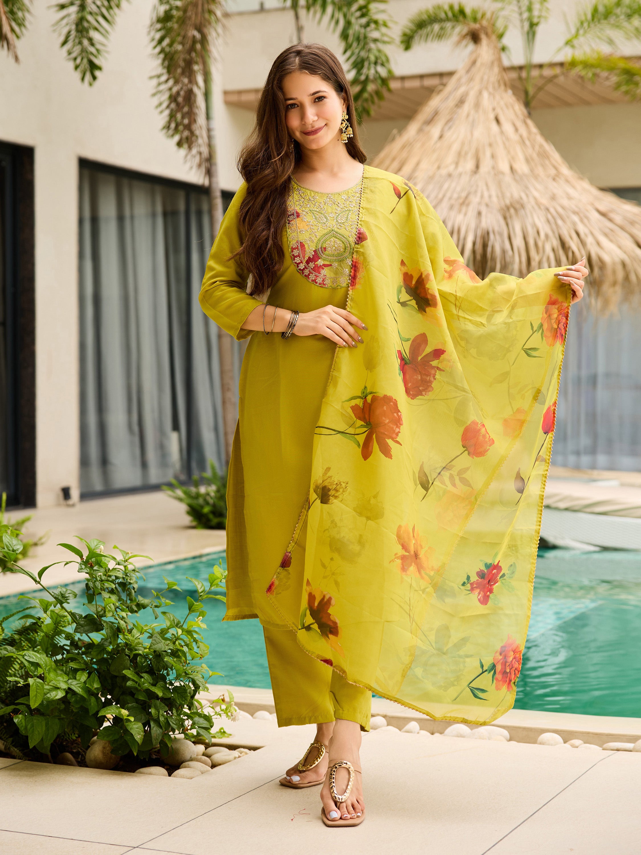 Women's Rayon Embroidered Straight Kurta with Pant And Dupatta Sets