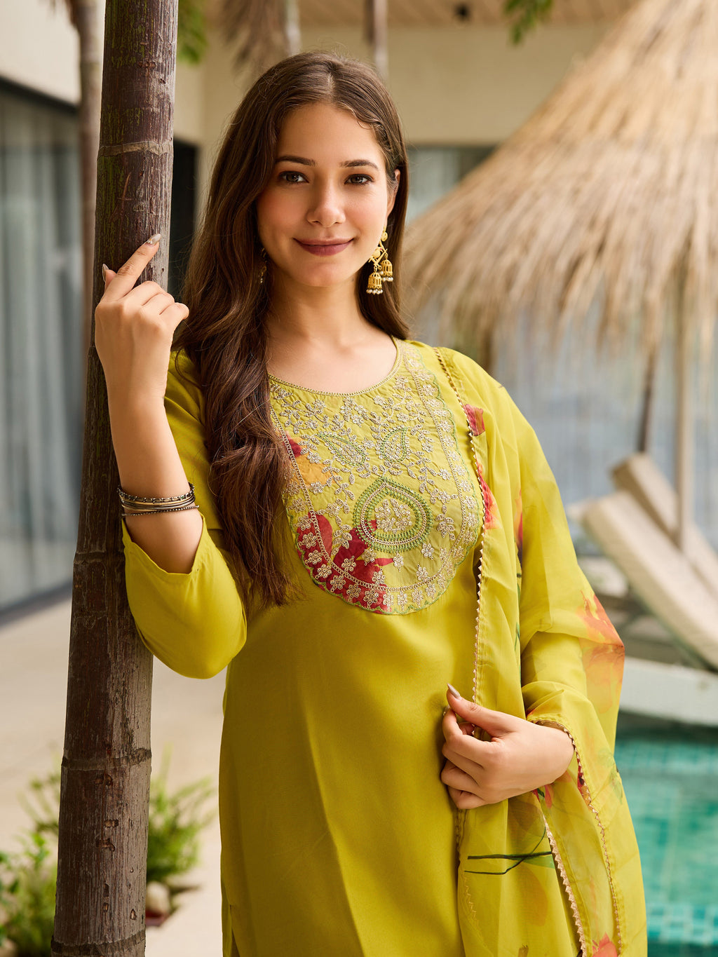 Women's Rayon Embroidered Straight Kurta with Pant And Dupatta Sets