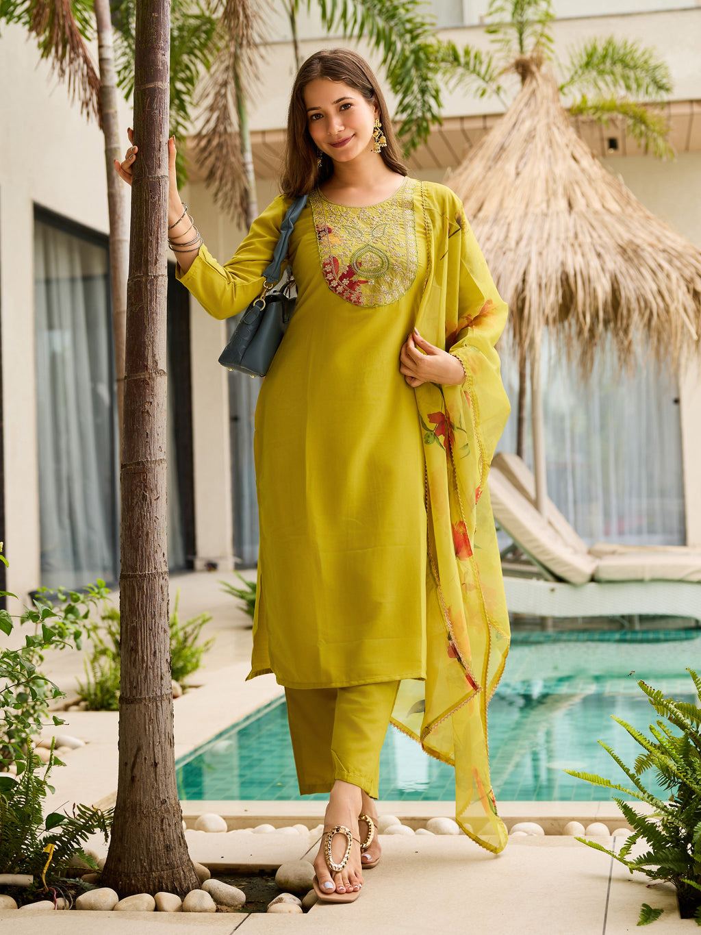 Women's Rayon Embroidered Straight Kurta with Pant And Dupatta Sets