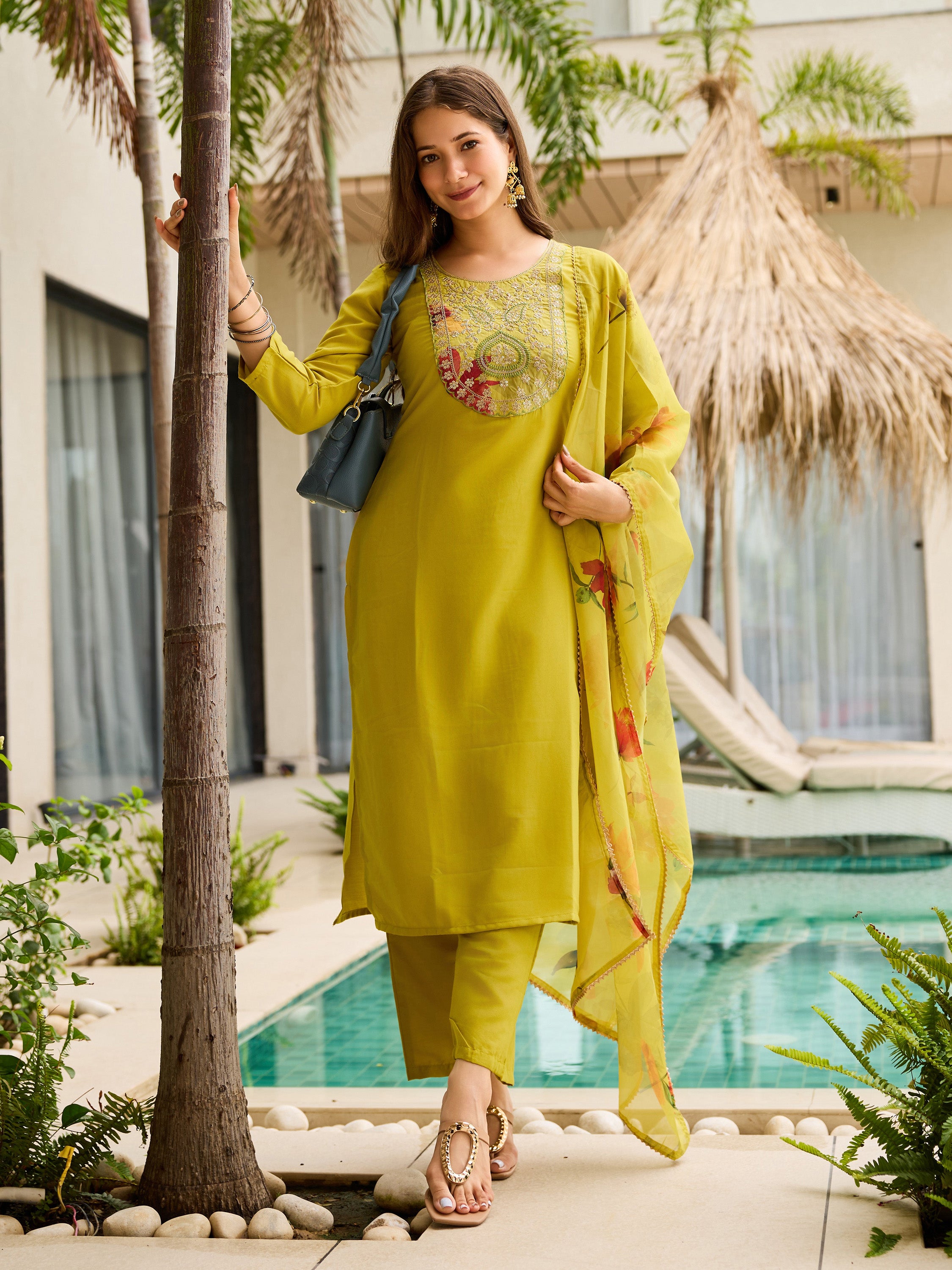 Women's Rayon Embroidered Straight Kurta with Pant And Dupatta Sets