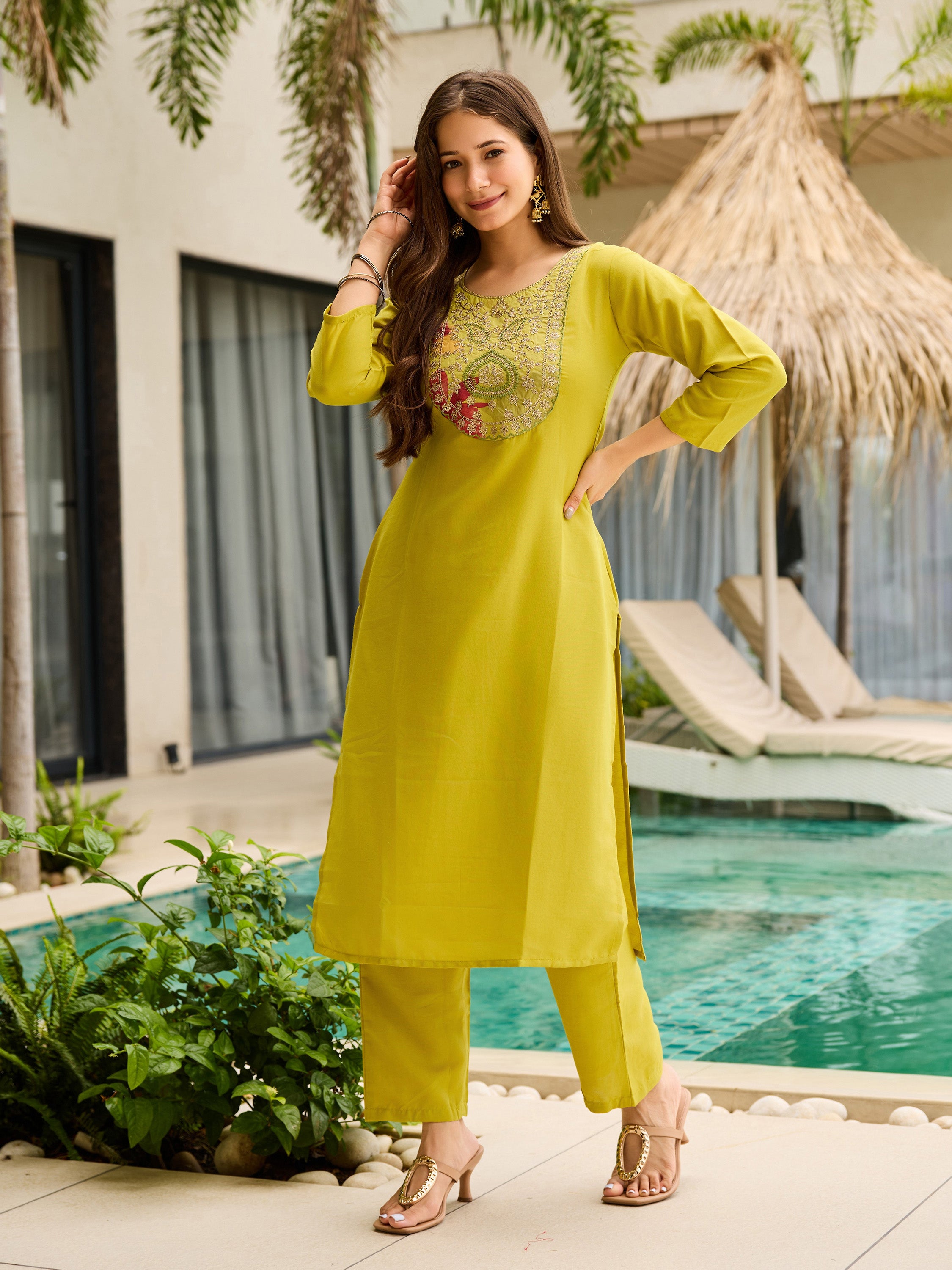 Women's Rayon Embroidered Straight Kurta with Pant And Dupatta Sets