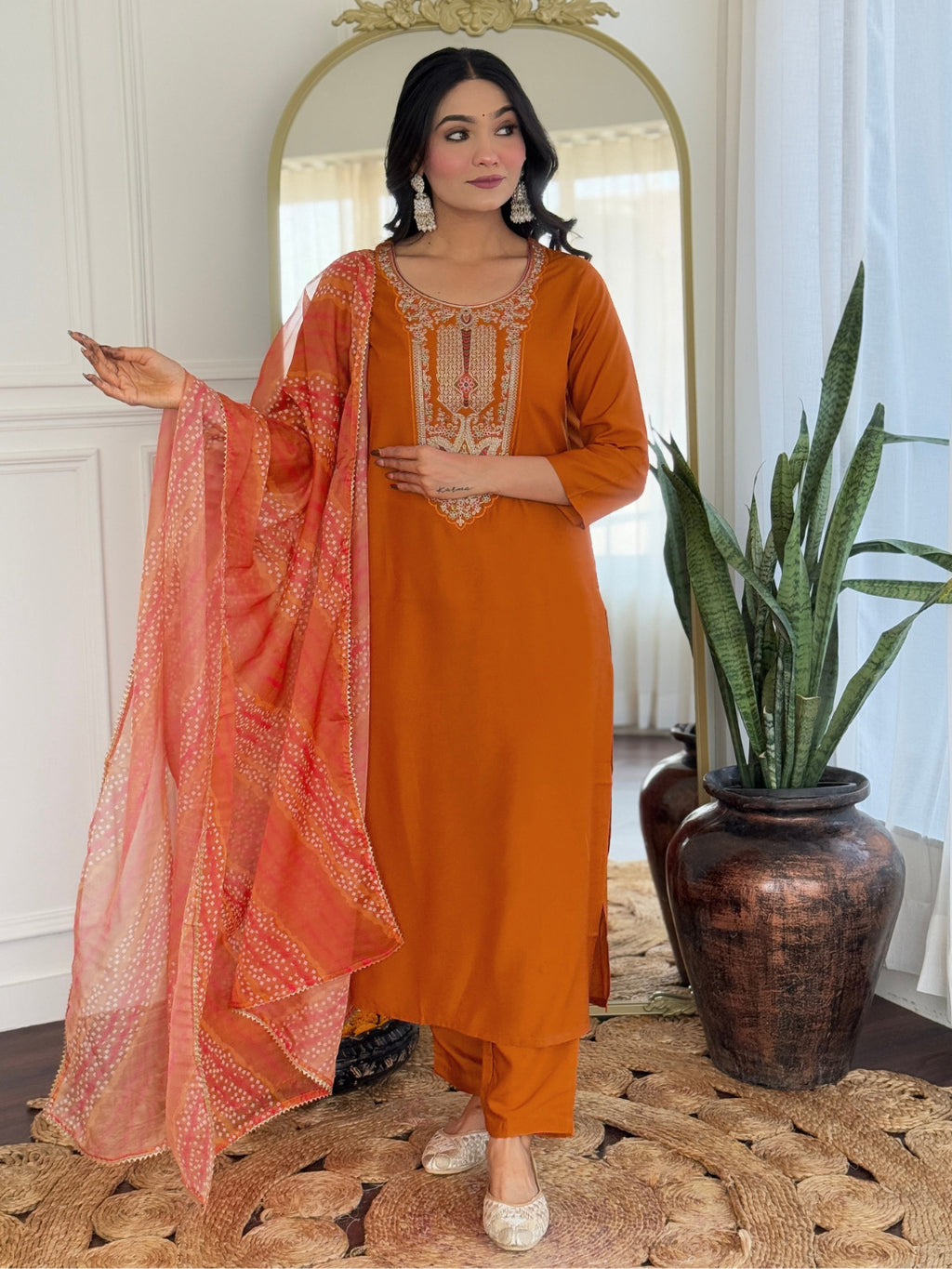 Women's Rust Rayon Embroidered Straight Kurta with Rayon Pant And Taby Printed Dupatta Sets