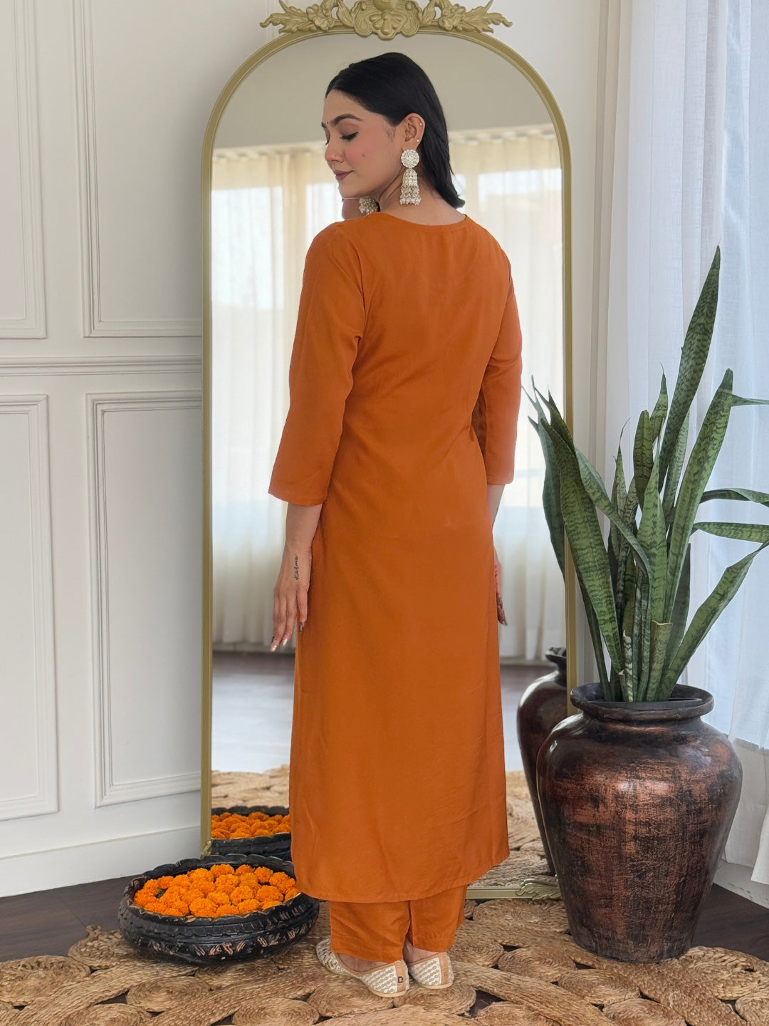 Women's Rust Rayon Embroidered Straight Kurta with Rayon Pant And Taby Printed Dupatta Sets