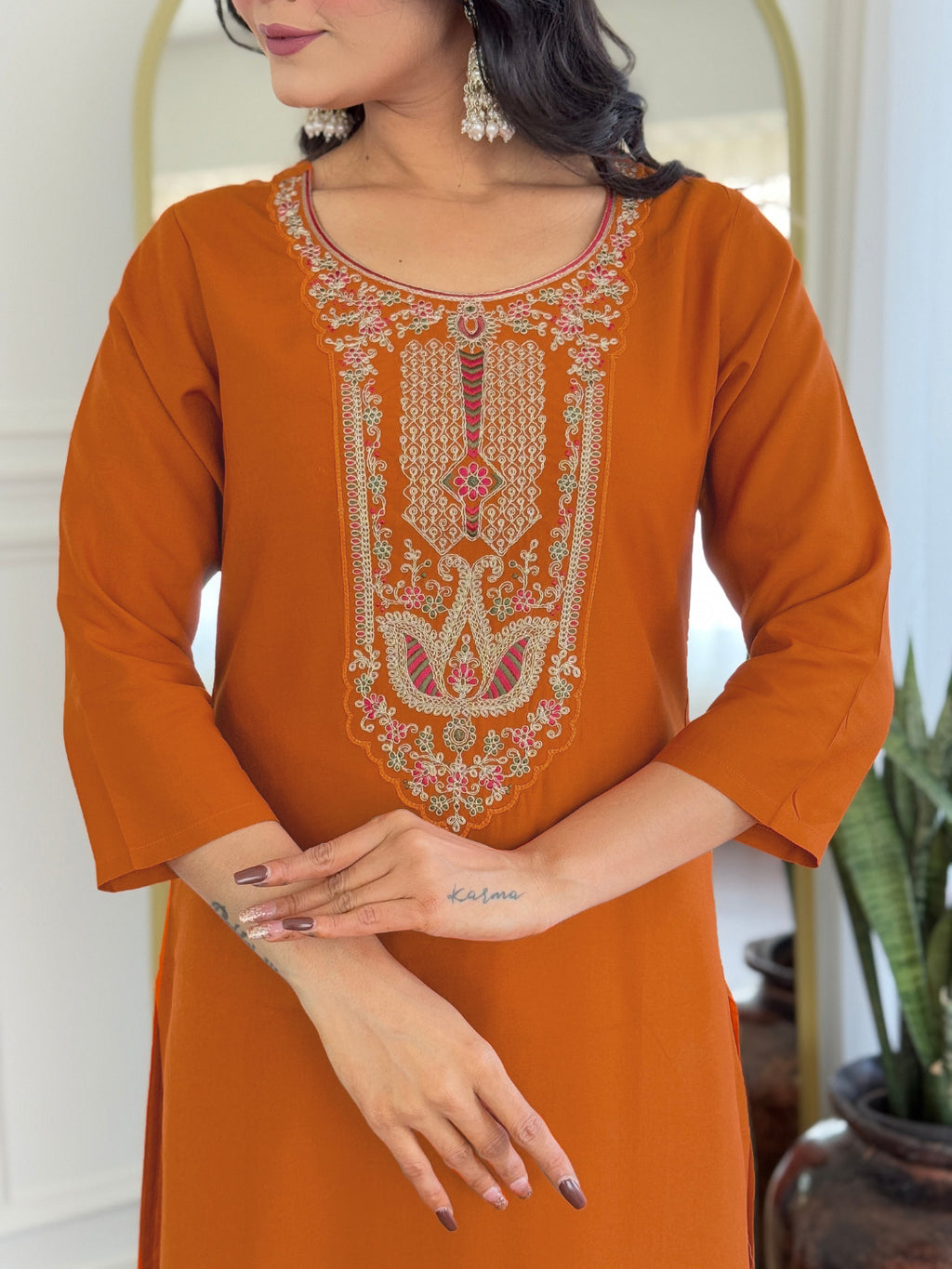 Women's Rust Rayon Embroidered Straight Kurta with Rayon Pant And Taby Printed Dupatta Sets