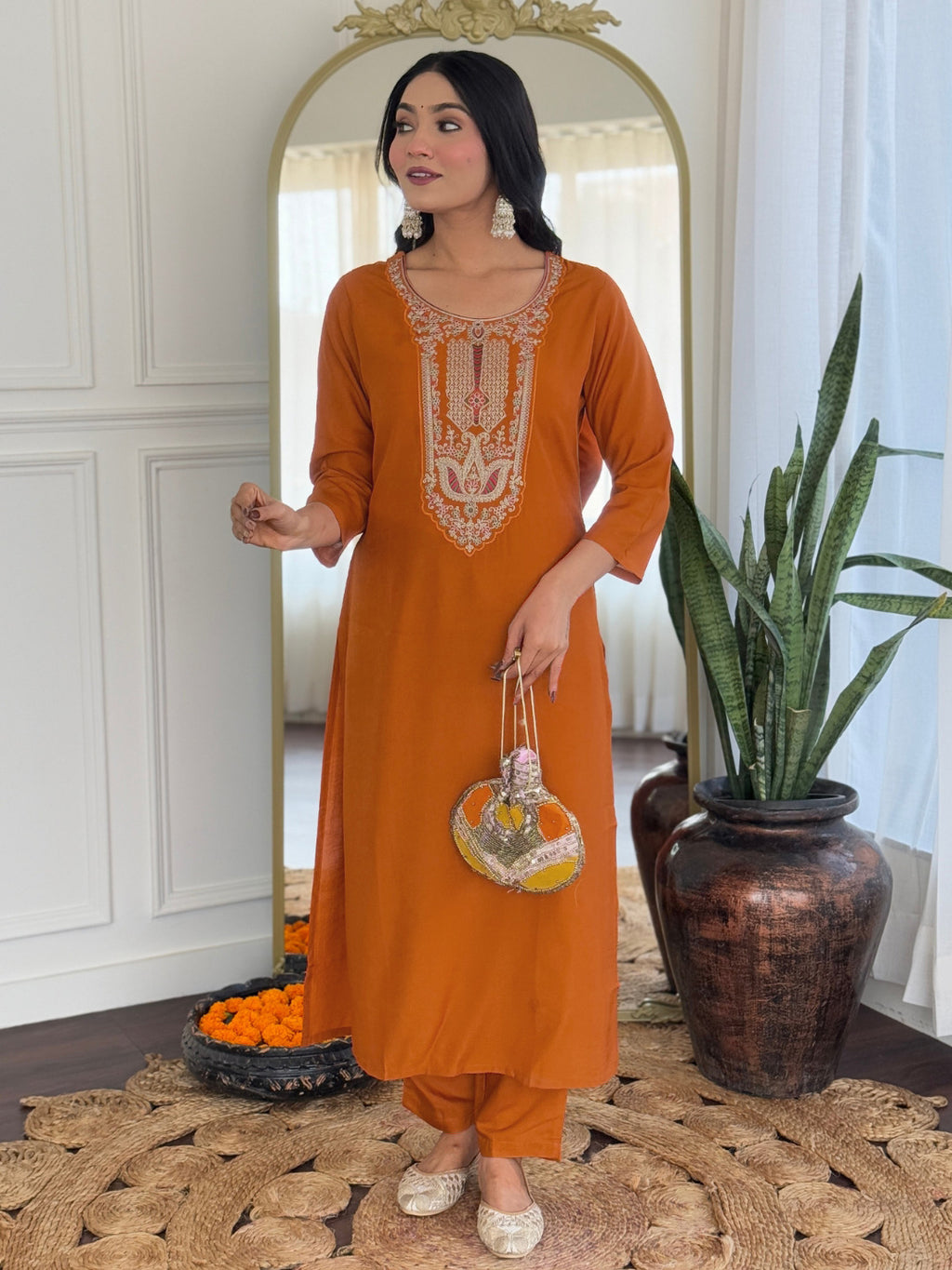Women's Rust Rayon Embroidered Straight Kurta with Rayon Pant And Taby Printed Dupatta Sets