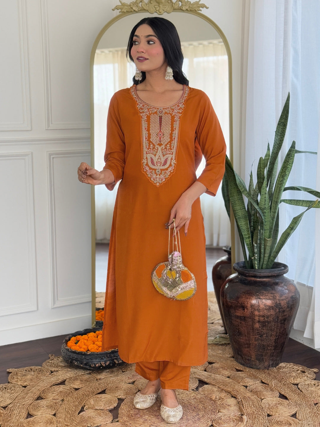 Women's Rust Rayon Embroidered Straight Kurta with Rayon Pant And Taby Printed Dupatta Sets