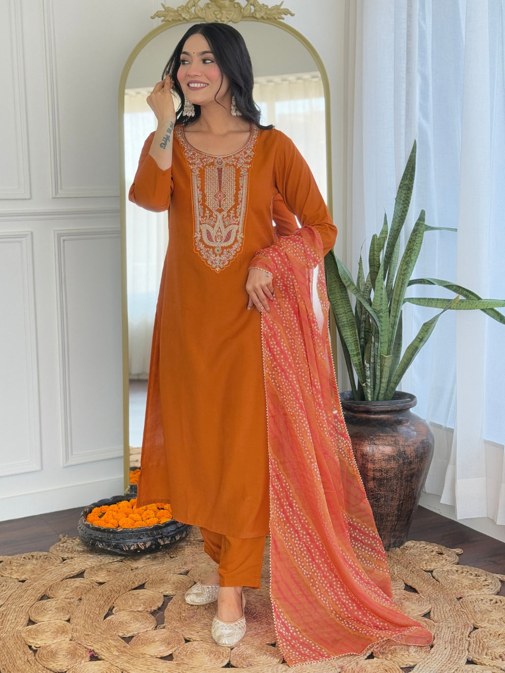 Women's Rust Rayon Embroidered Straight Kurta with Rayon Pant And Taby Printed Dupatta Sets