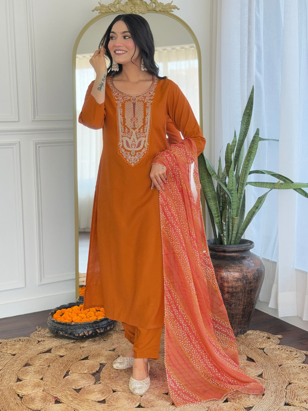 Women's Rust Rayon Embroidered Straight Kurta with Rayon Pant And Taby Printed Dupatta Sets