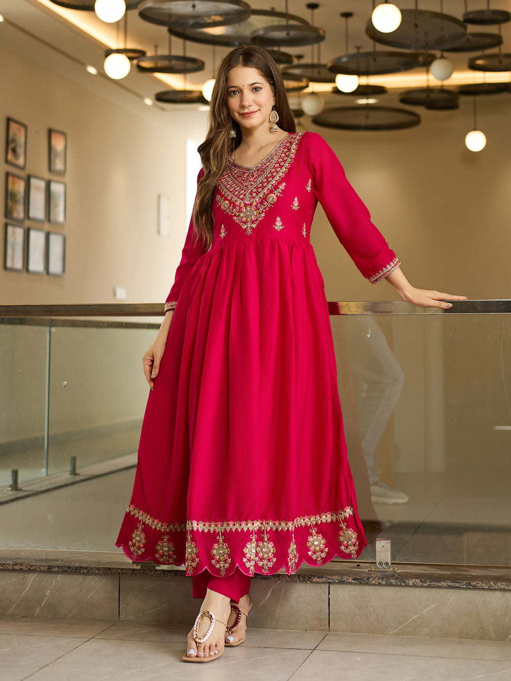 Women's Vichitra Silk Embroidered Flared Kurta with Rayon Pant And Vichitra Silk Embroidered Dupatta Sets