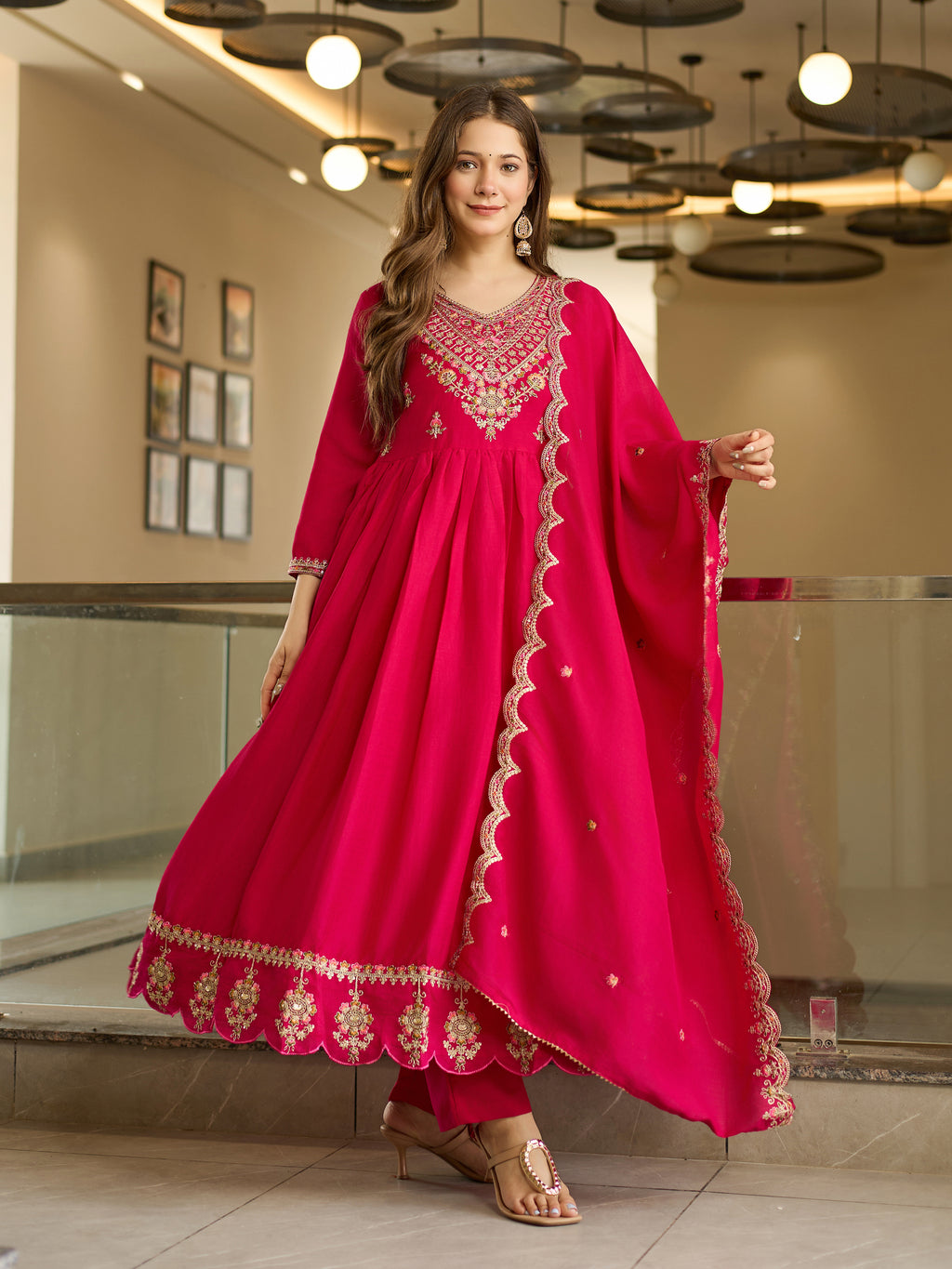 Women's Vichitra Silk Embroidered Flared Kurta with Rayon Pant And Vichitra Silk Embroidered Dupatta Sets