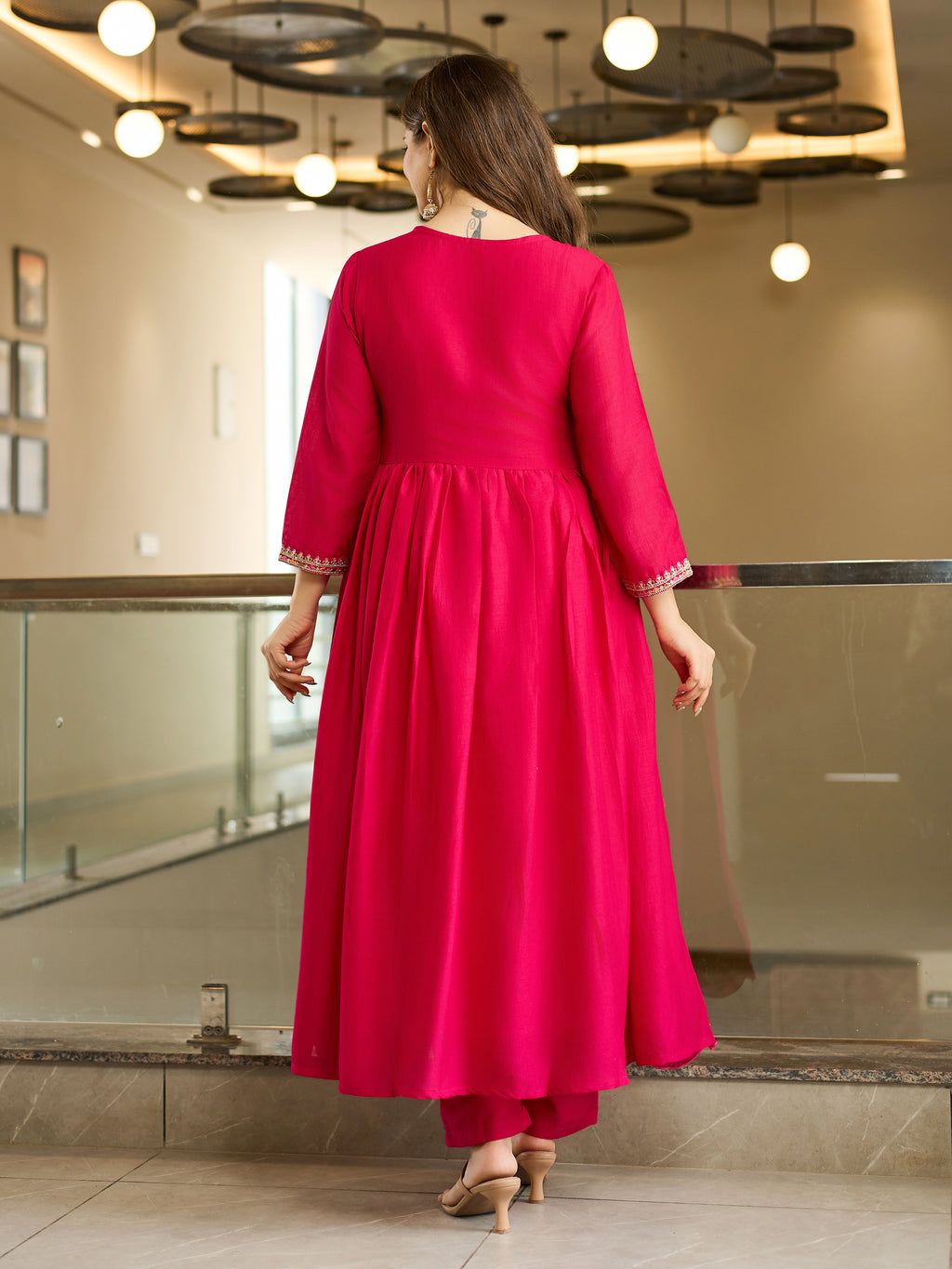 Women's Vichitra Silk Embroidered Flared Kurta with Rayon Pant And Vichitra Silk Embroidered Dupatta Sets