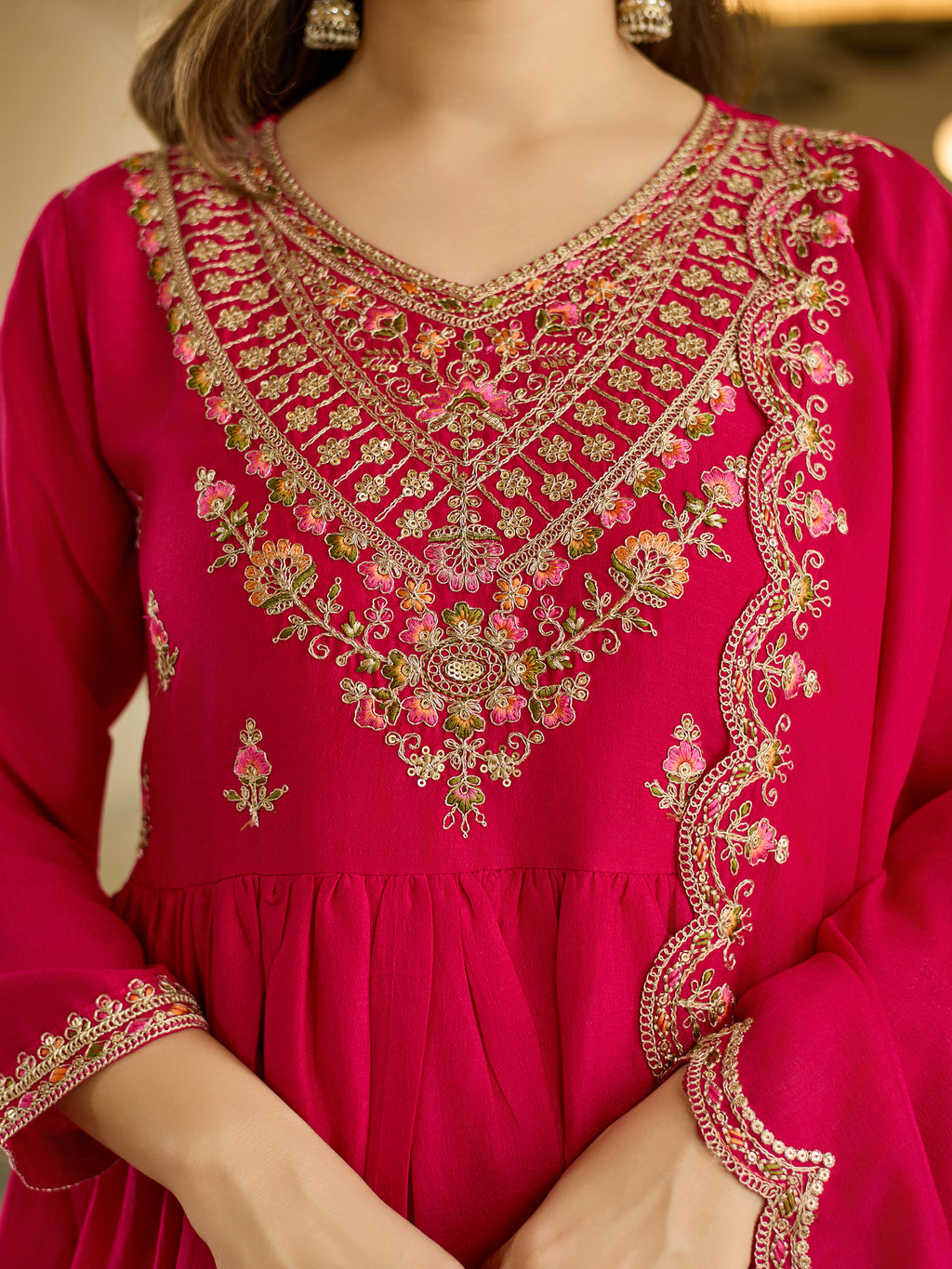 Women's Vichitra Silk Embroidered Flared Kurta with Rayon Pant And Vichitra Silk Embroidered Dupatta Sets